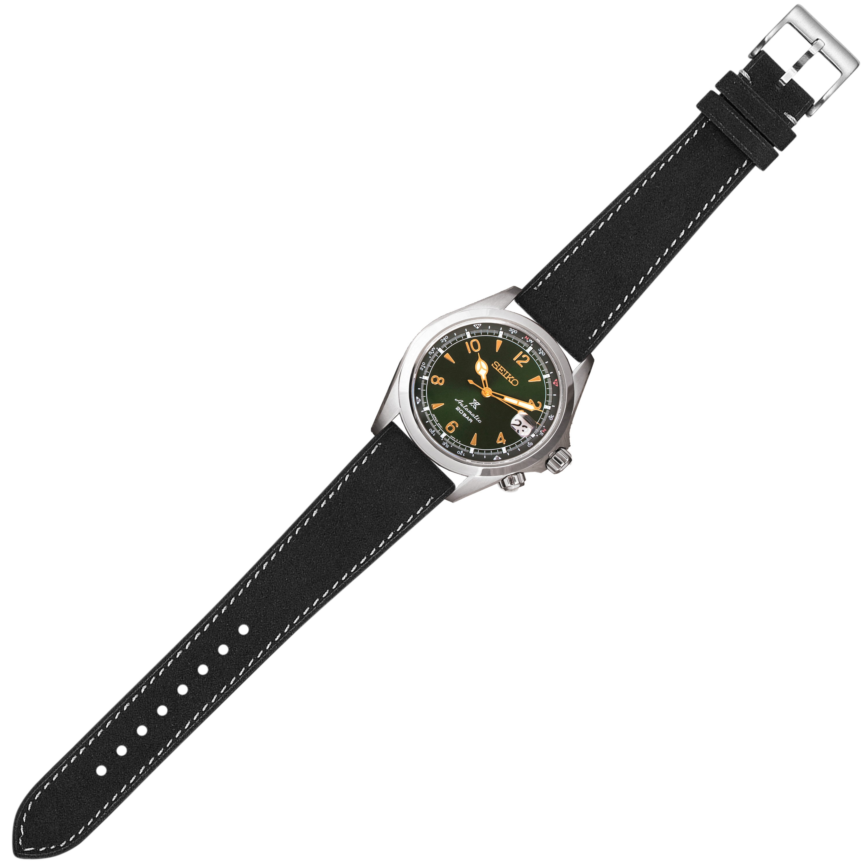 Seiko watch with black dial and orange accents on black Alcantara leather strap with white stitching and quick release buckle