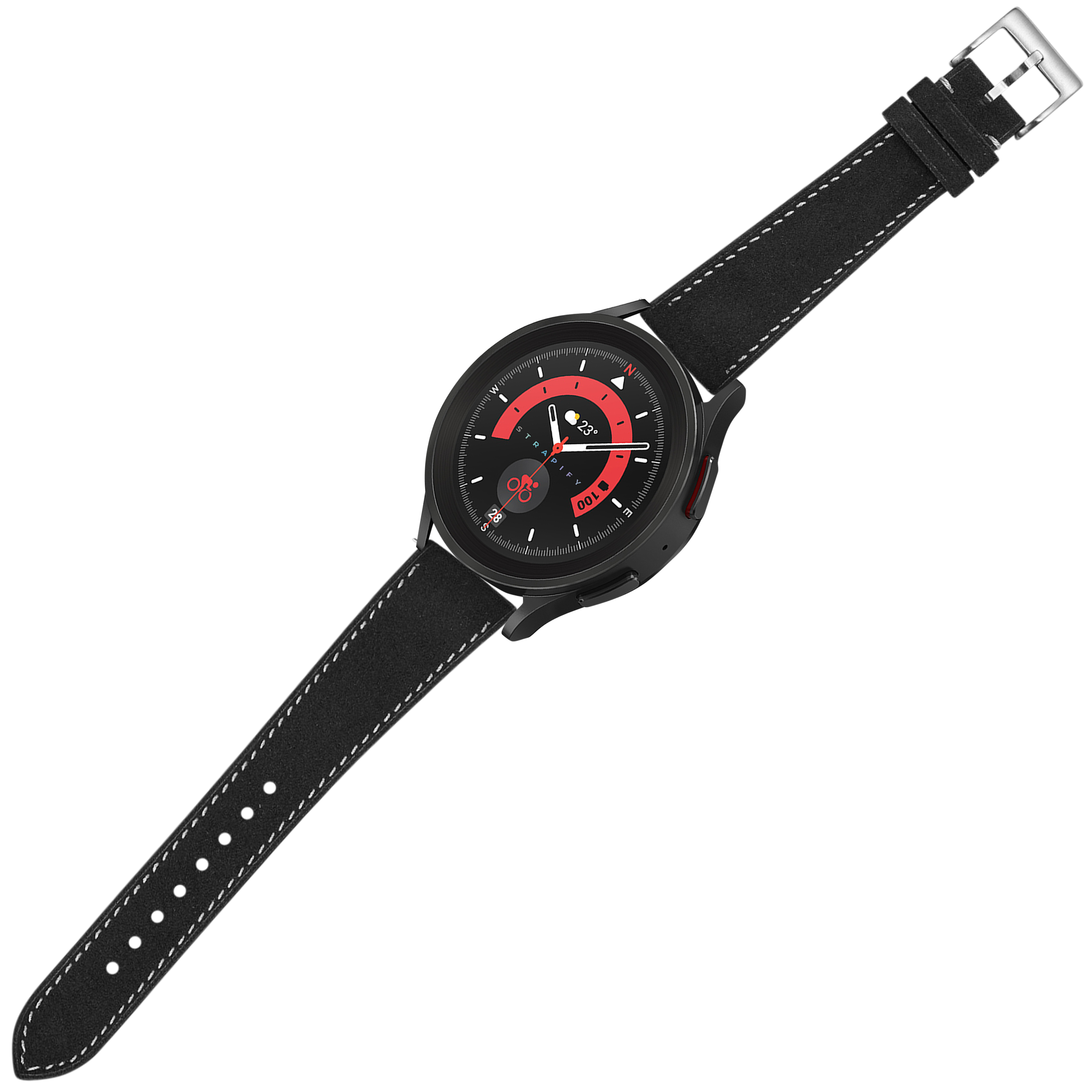 Black smartwatch with red dial, white stitches on alcantara leather band and quick release buckle