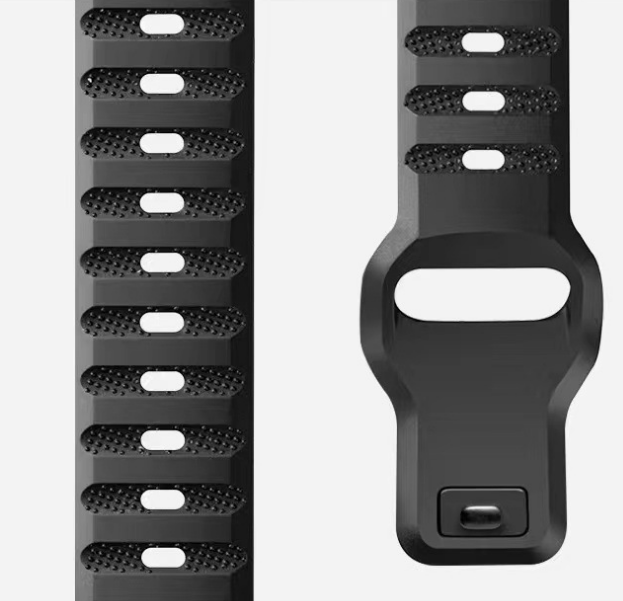 Black ridged sports rubber band for Apple Watch with multiple sizing holes and matching case connector