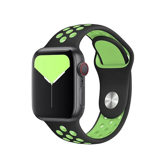 Black and neon green sports silicone smartwatch band with ventilation holes for Apple Watch Series