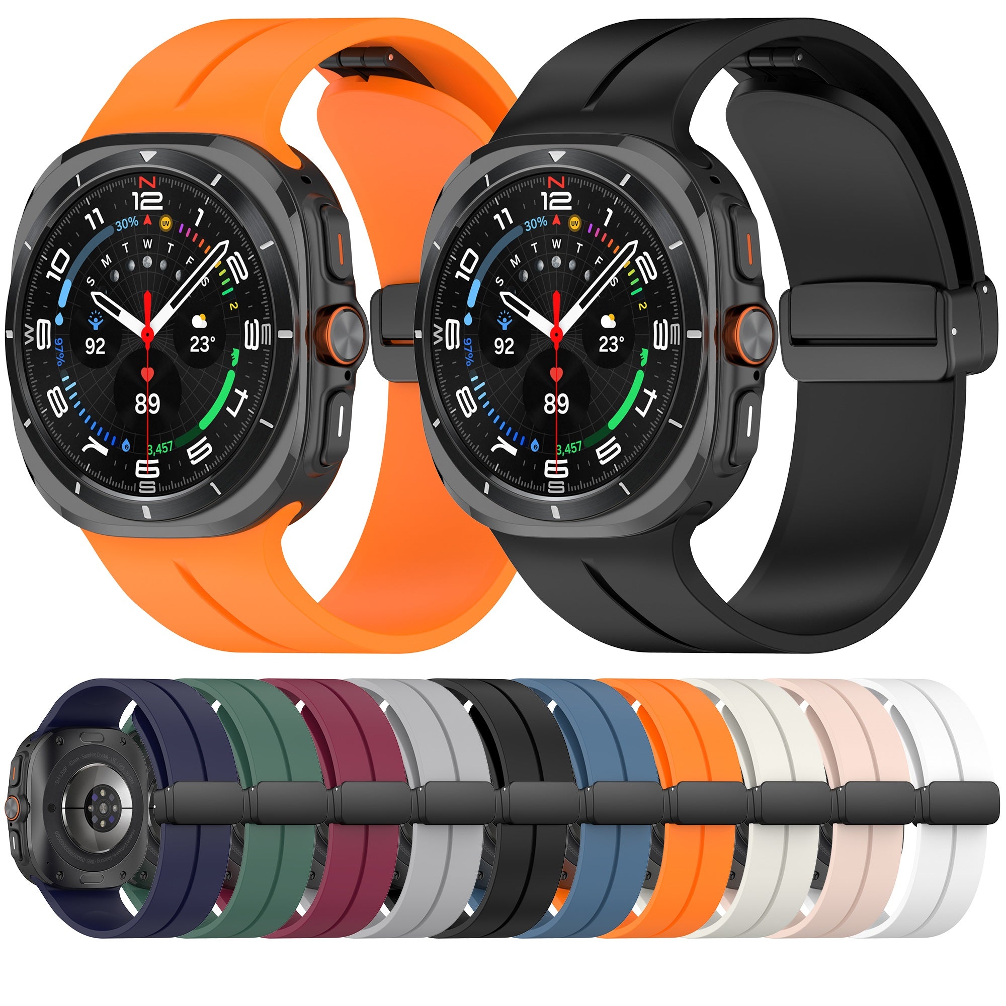 Smartwatch with interchangeable silicone bands in multiple colors including orange, black, navy, green, and grey with magnetic clasp closure