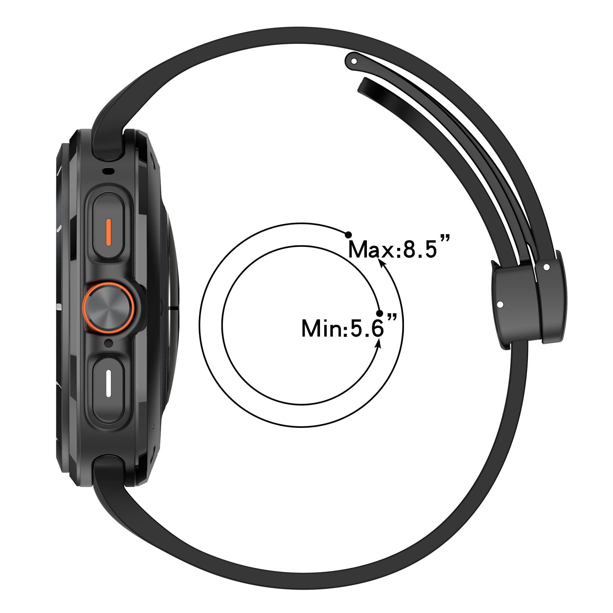 Black magnetic silicone watch band with deployant clasp for Galaxy Watch Ultra, adjustable 5.6-8.5 inches