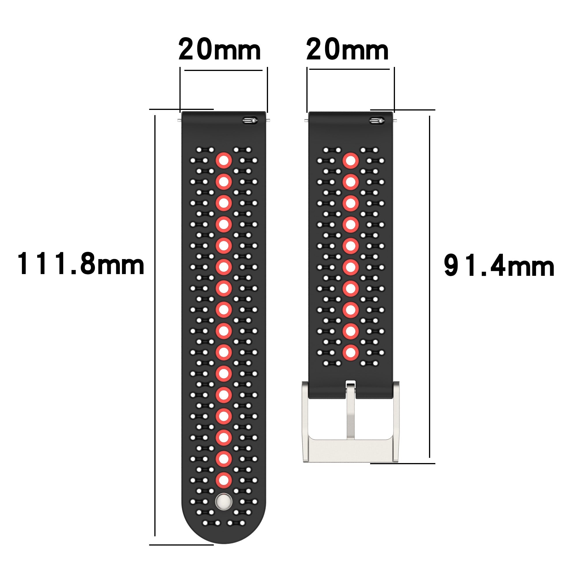 Quick Release Flexi Sports Silicone 2 watch band with dimensions 111.8mm length, 20mm width, red buttons and white dots on black silicone strap