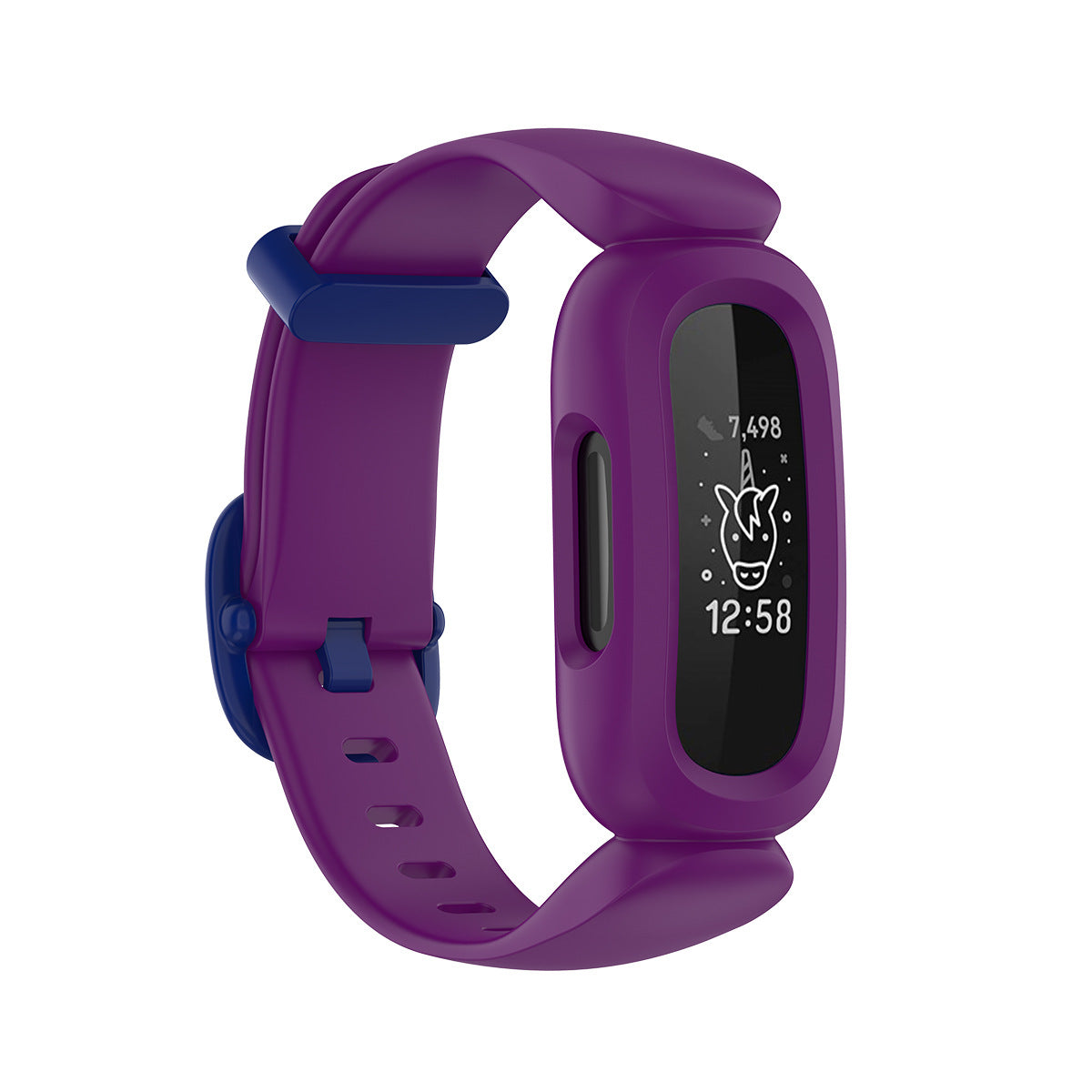 Purple silicone fitness tracker band with navy blue accents, adjustable strap, and OLED display showing time and step counter