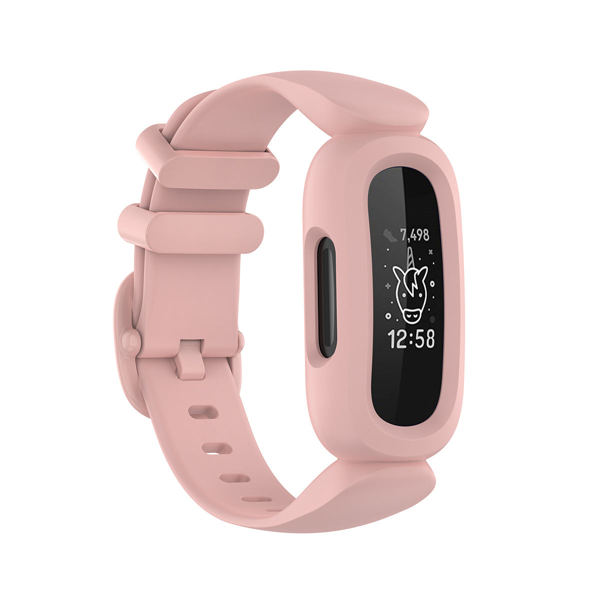 Pink silicone fitness tracker band with adjustable strap and OLED display showing time and activity stats