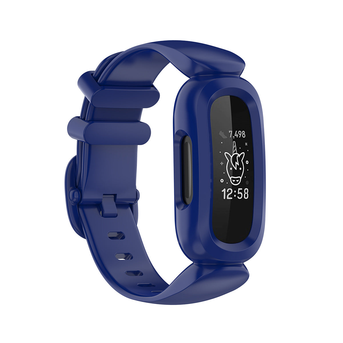 Blue kids fitness tracker watch with silicone band and OLED display showing steps and time