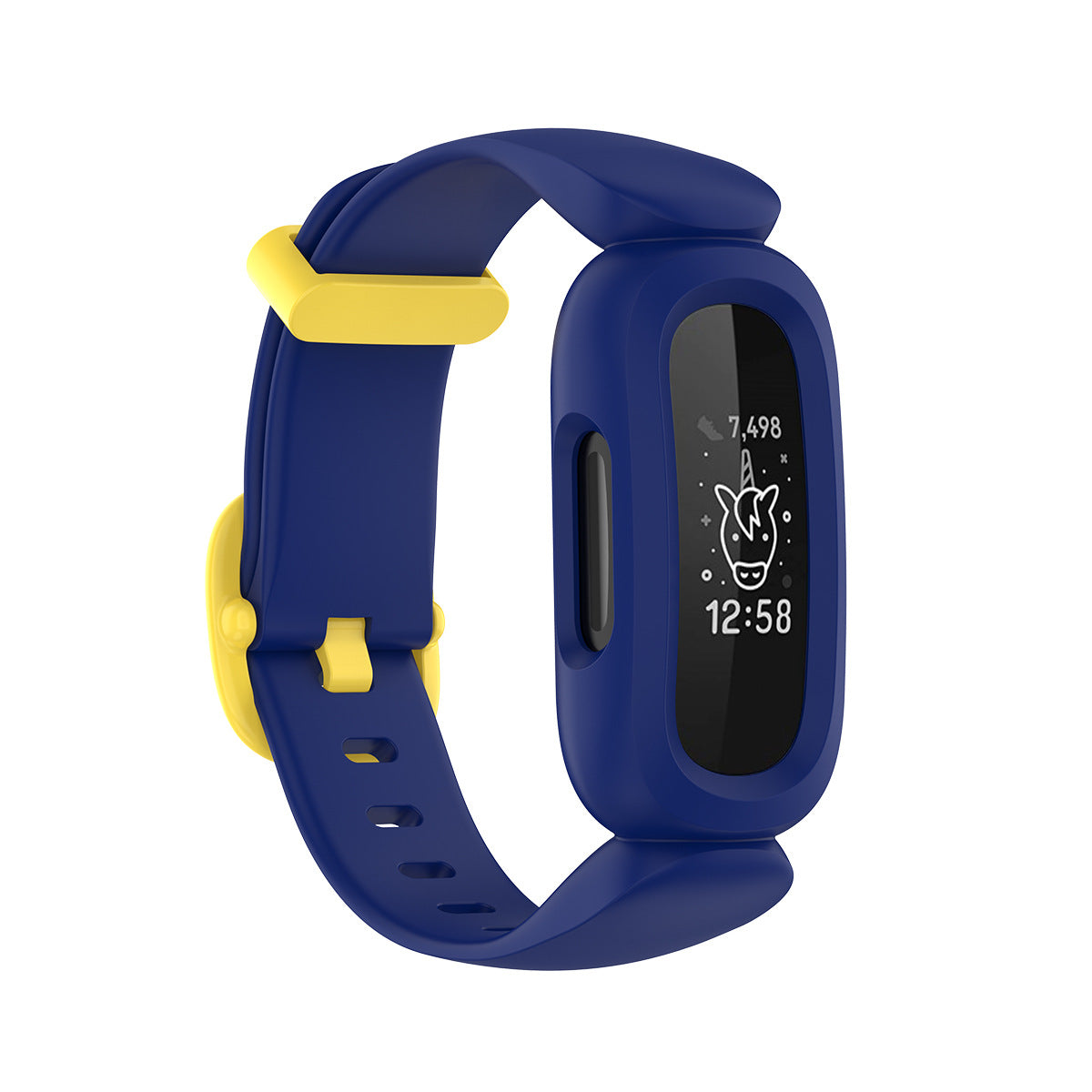 Kids fitness tracker with blue silicone band and yellow accents, displaying time and step count on OLED screen