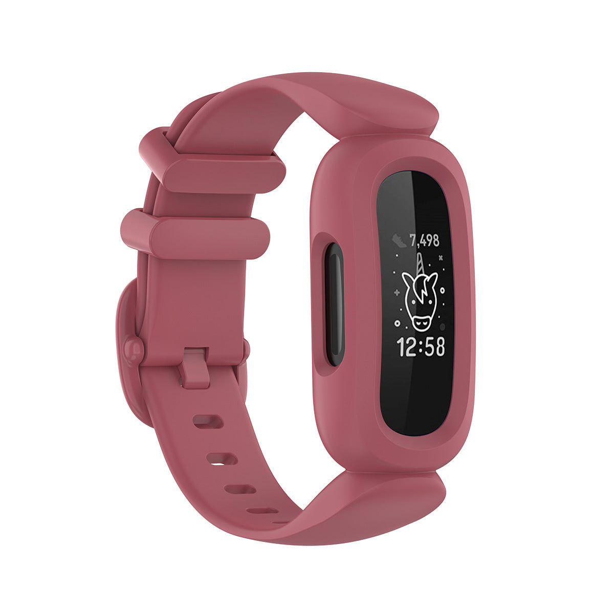 Burgundy silicone fitness tracker band with adjustable strap and OLED display showing step count and time