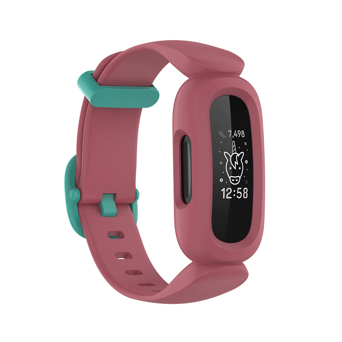 Kids fitness tracker with burgundy silicone band and teal accents displaying step count and time on screen