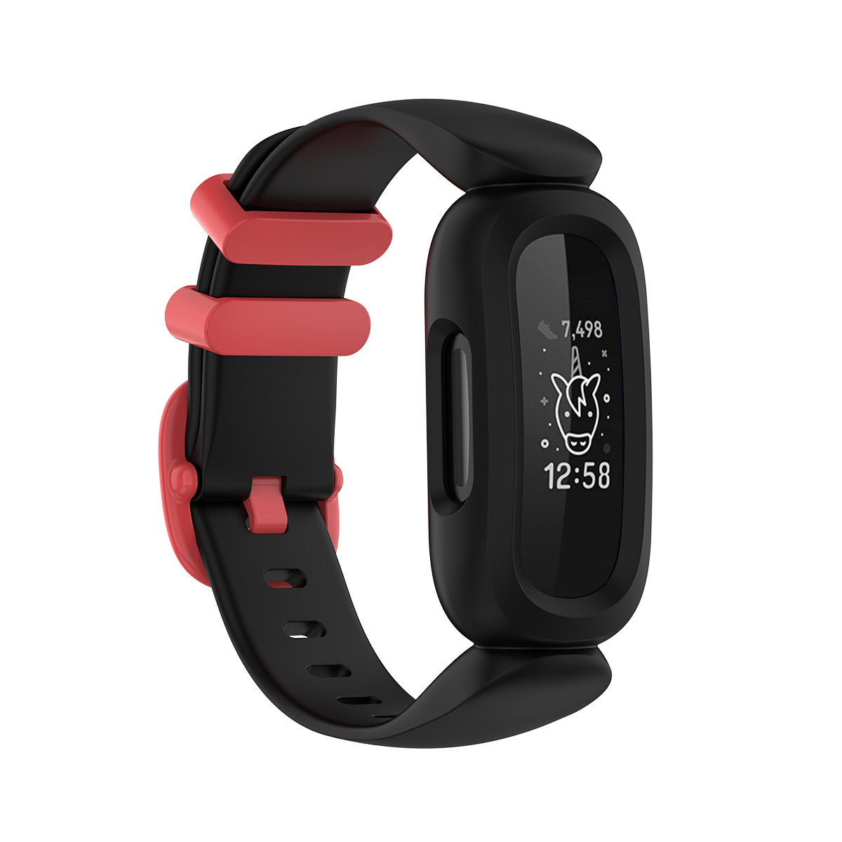 Black and red silicone sport watch band with flexible padding and secure clasp for Fitbit fitness tracker