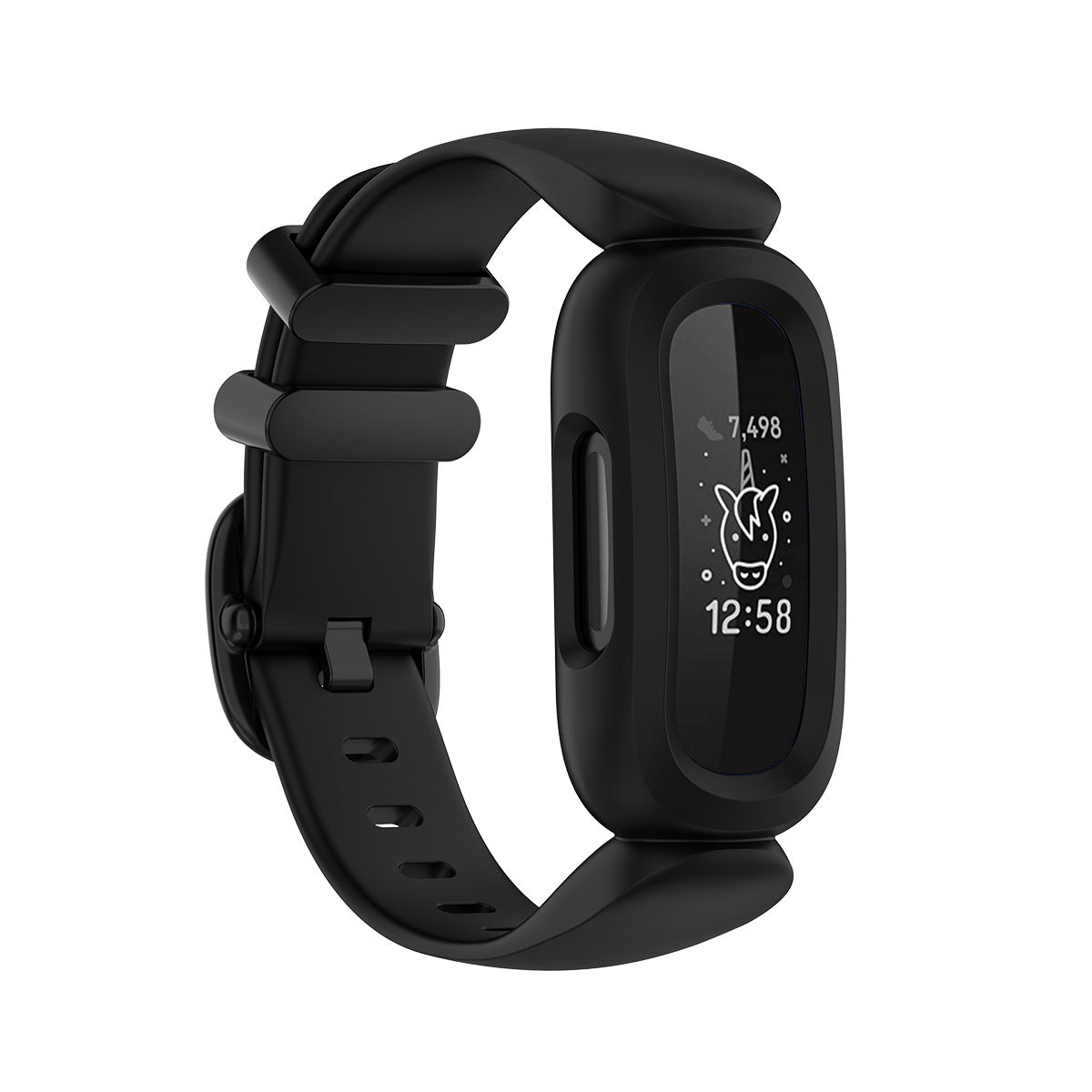 Black flexi silicone strap band for fitness tracker watch with adjustable fit and secure buckle closure