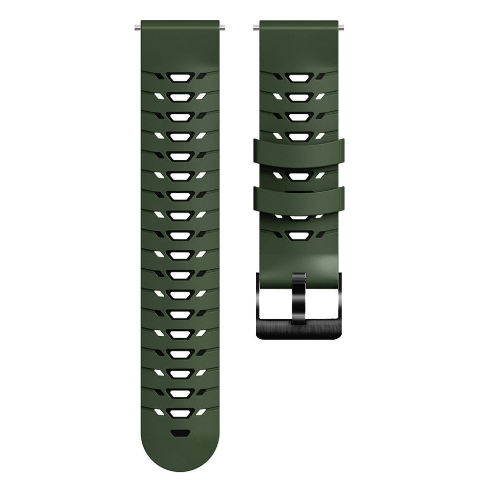 Olive green silicone watch band with quick release mechanism, perforated design, and black hardware attachment