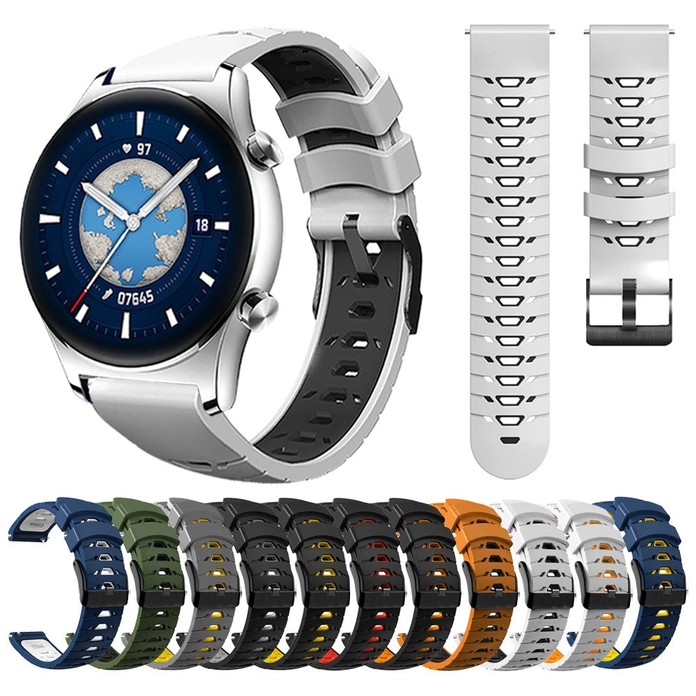 Smartwatch with blue dial and world map, white silicone band, and interchangeable quick release sport straps in multiple colors including navy, green, black, orange, and white