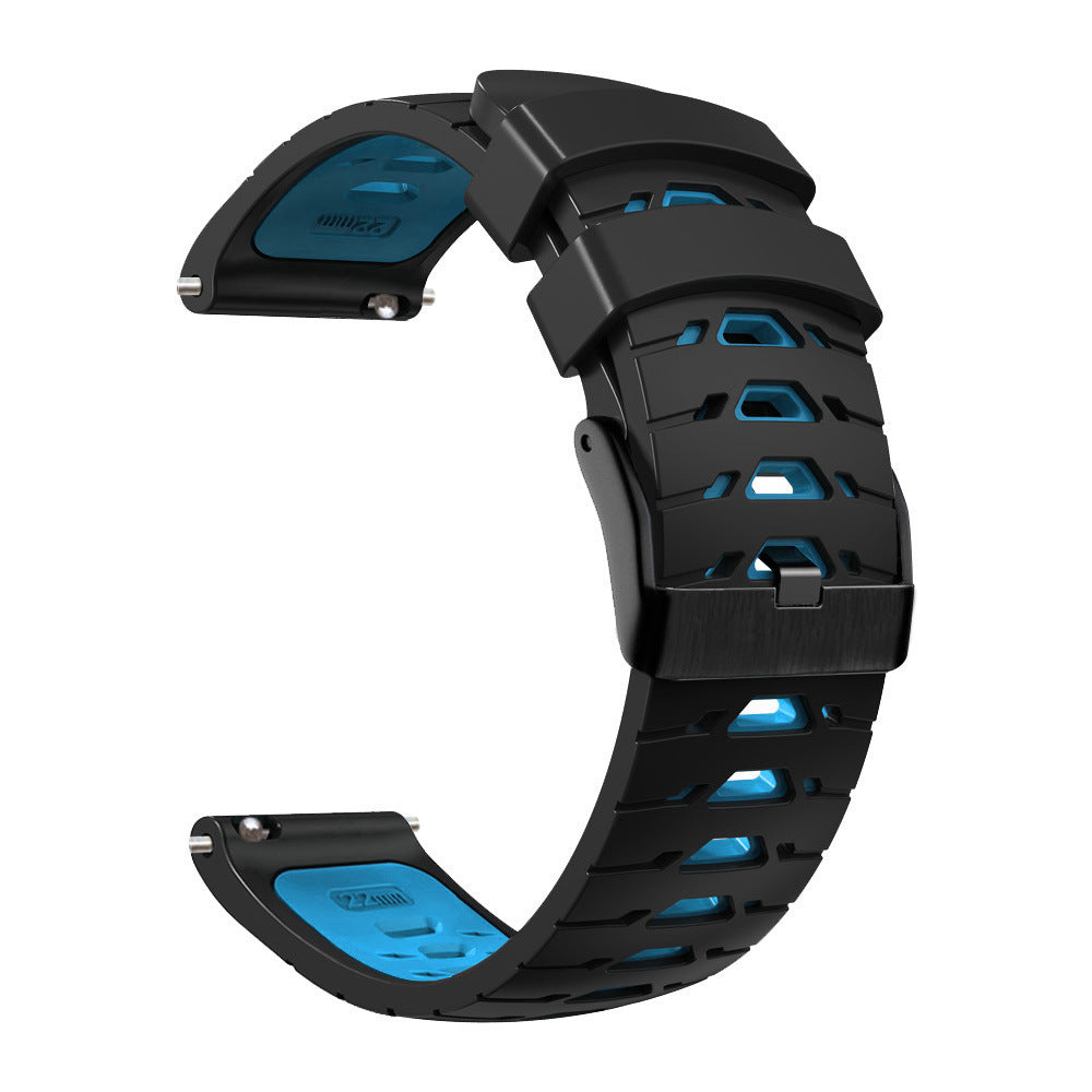 Black silicone sport watch band with quick release connector and blue accent details, isolated on white background