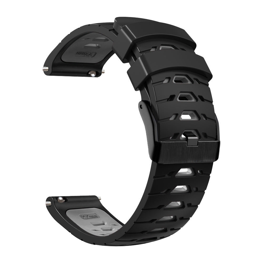 Black silicone quick release watch band with ventilated armour design and metal connectors