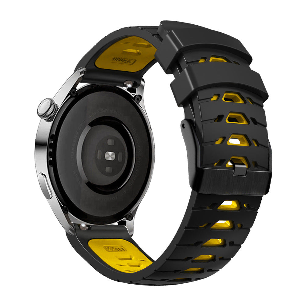 Black silicone smartwatch band with yellow accents and quick release connector for military-style watches