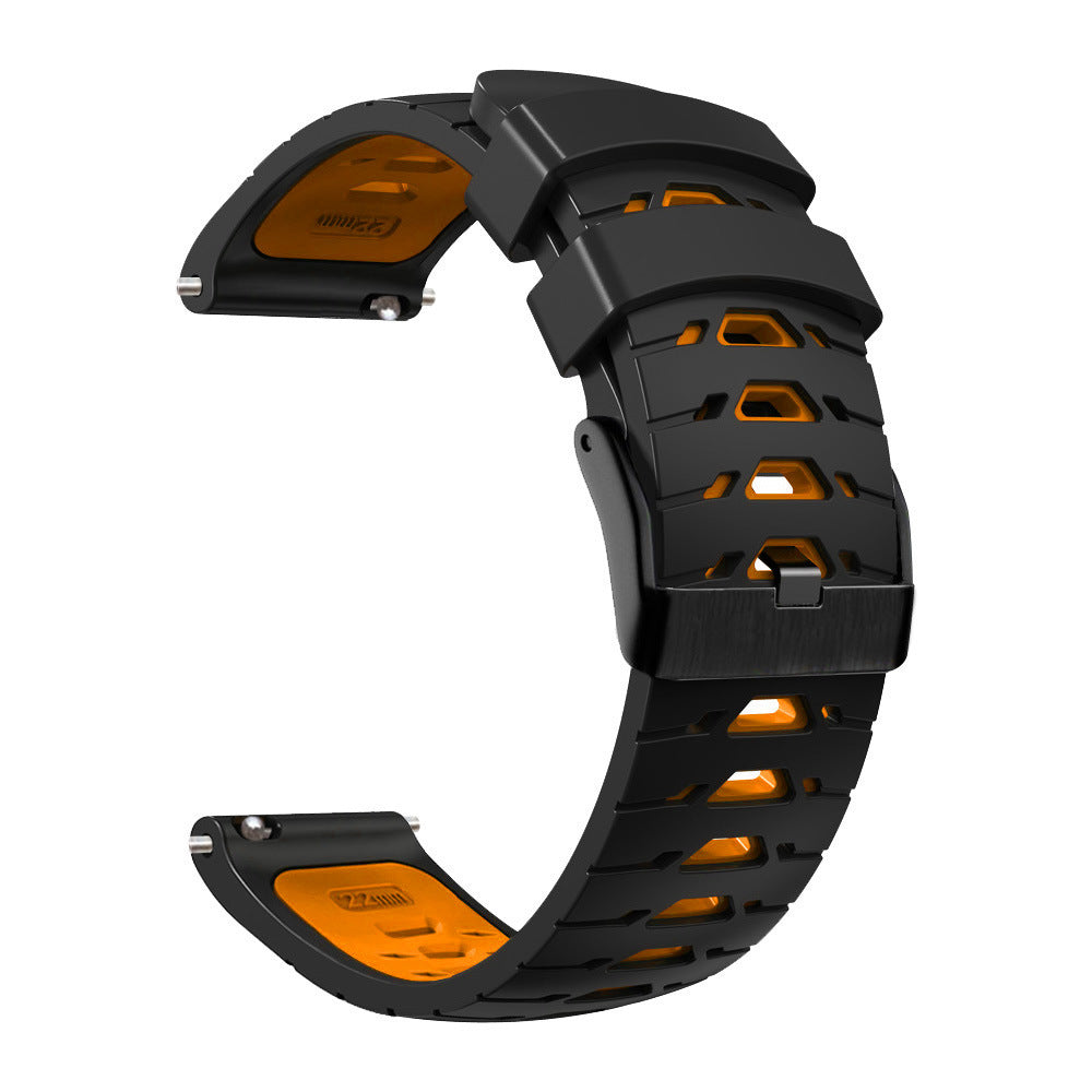 Black and orange silicone quick release watch band with ventilated armour design and flexible buckle closure