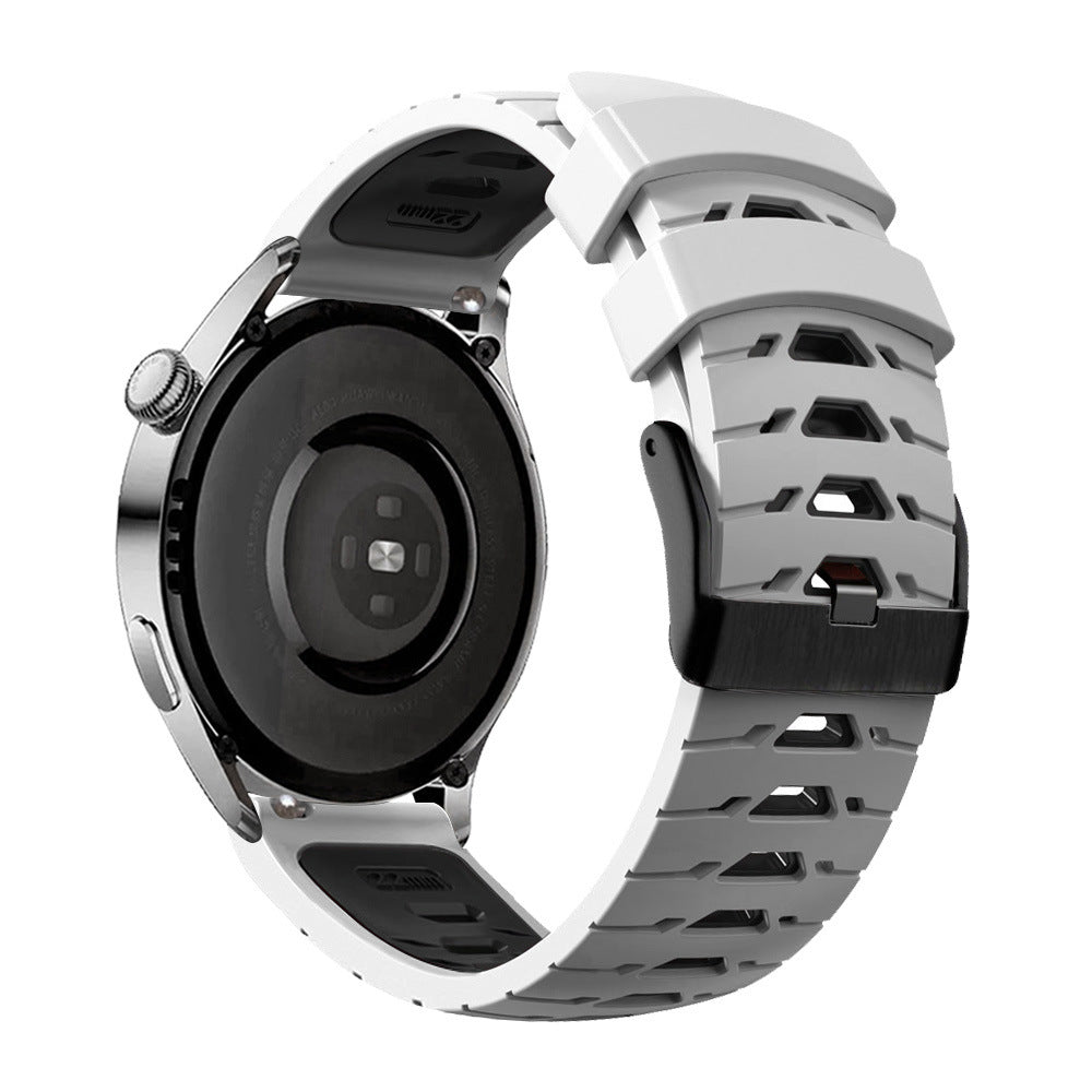 Smartwatch with white silicone armour band featuring quick release mechanism and textured grip design