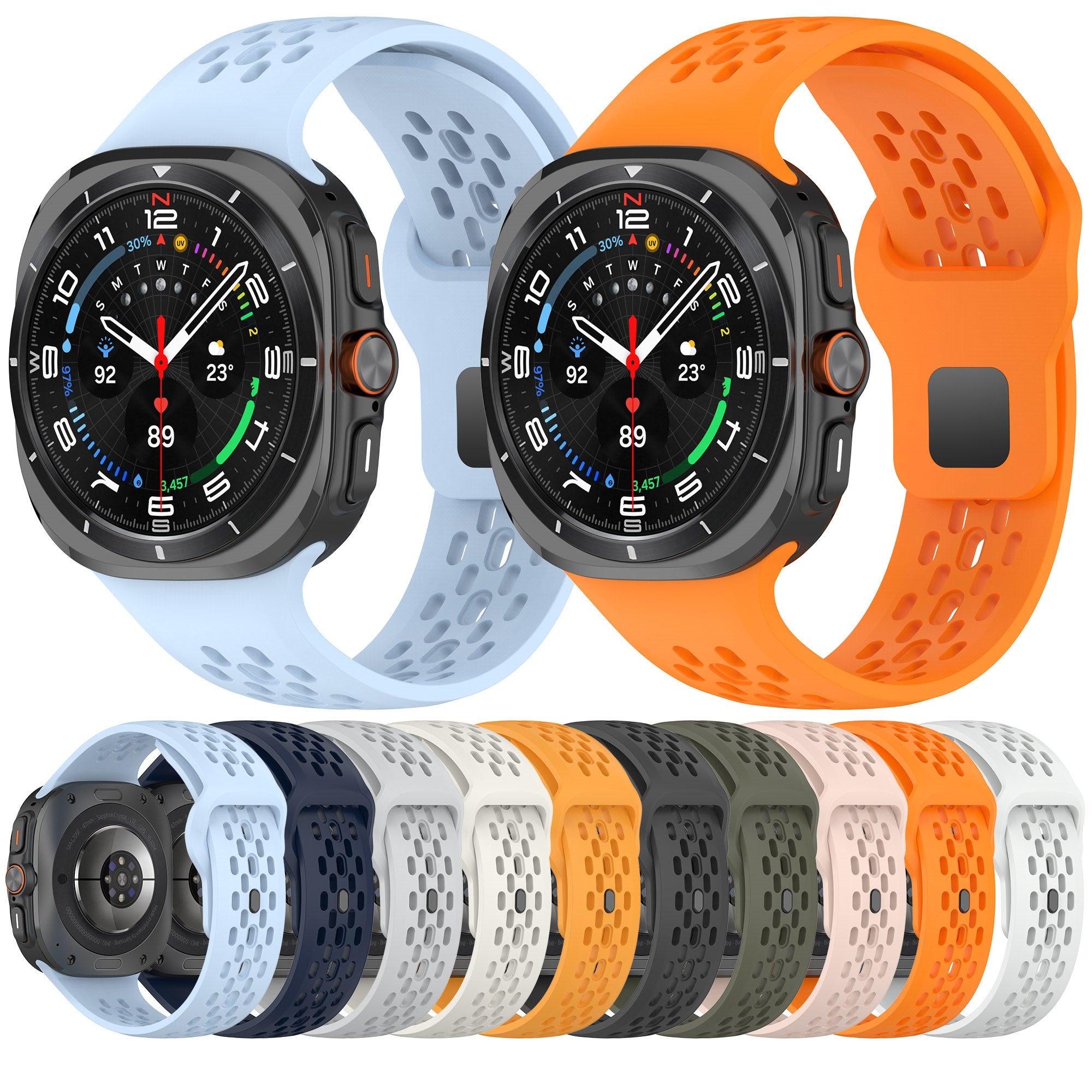 Galaxy Watch Ultra with interchangeable aero silicone sport bands in light blue, orange, navy, beige, black, olive green, and pink