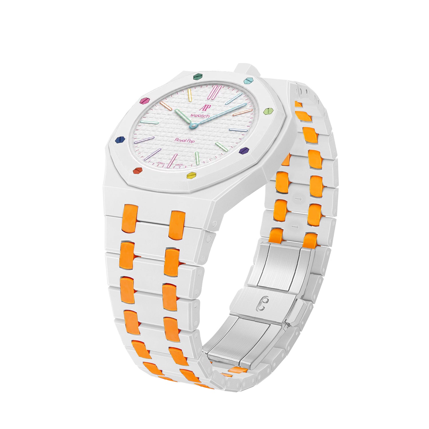 Swatch Royal Pop bioceramic watch with white dial, colorful hour markers, orange and white two-tone silicone strap