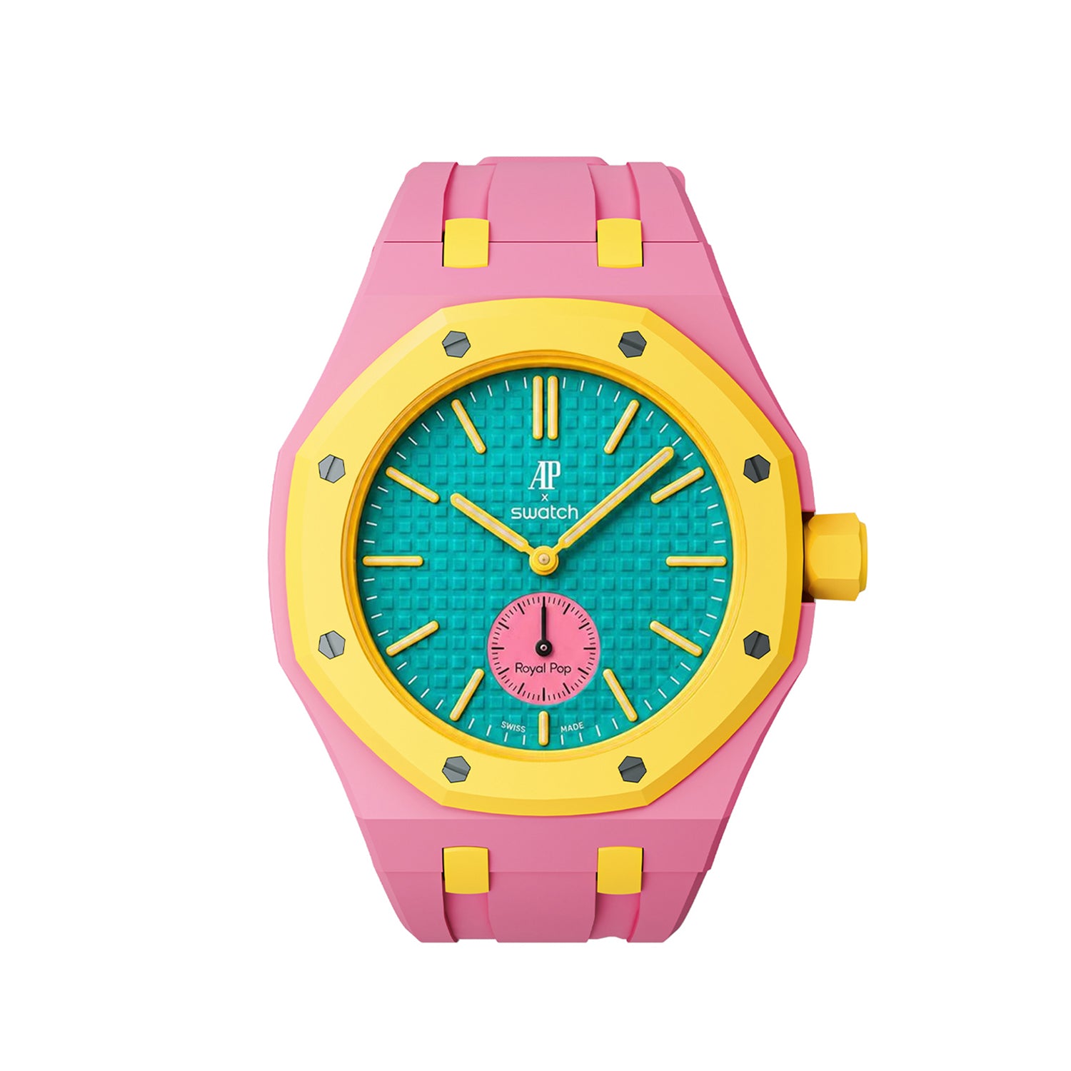 Swatch Royal Pop AP collaboration watch with pink silicone strap, yellow bezel, turquoise dial, and gold accents
