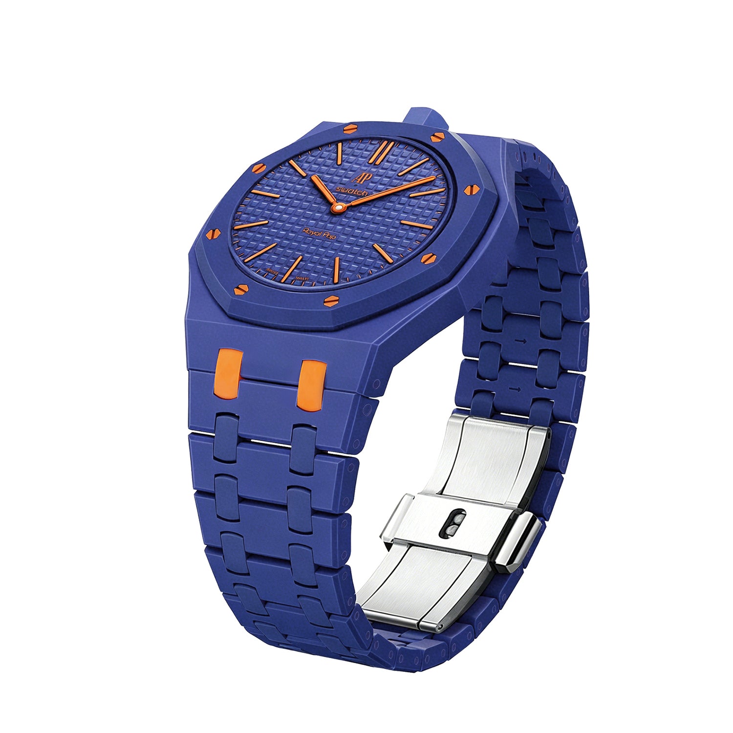 Blue and orange stainless steel watch with octagonal case, textured dial, orange accents, and matching blue rubber bracelet with metal clasp