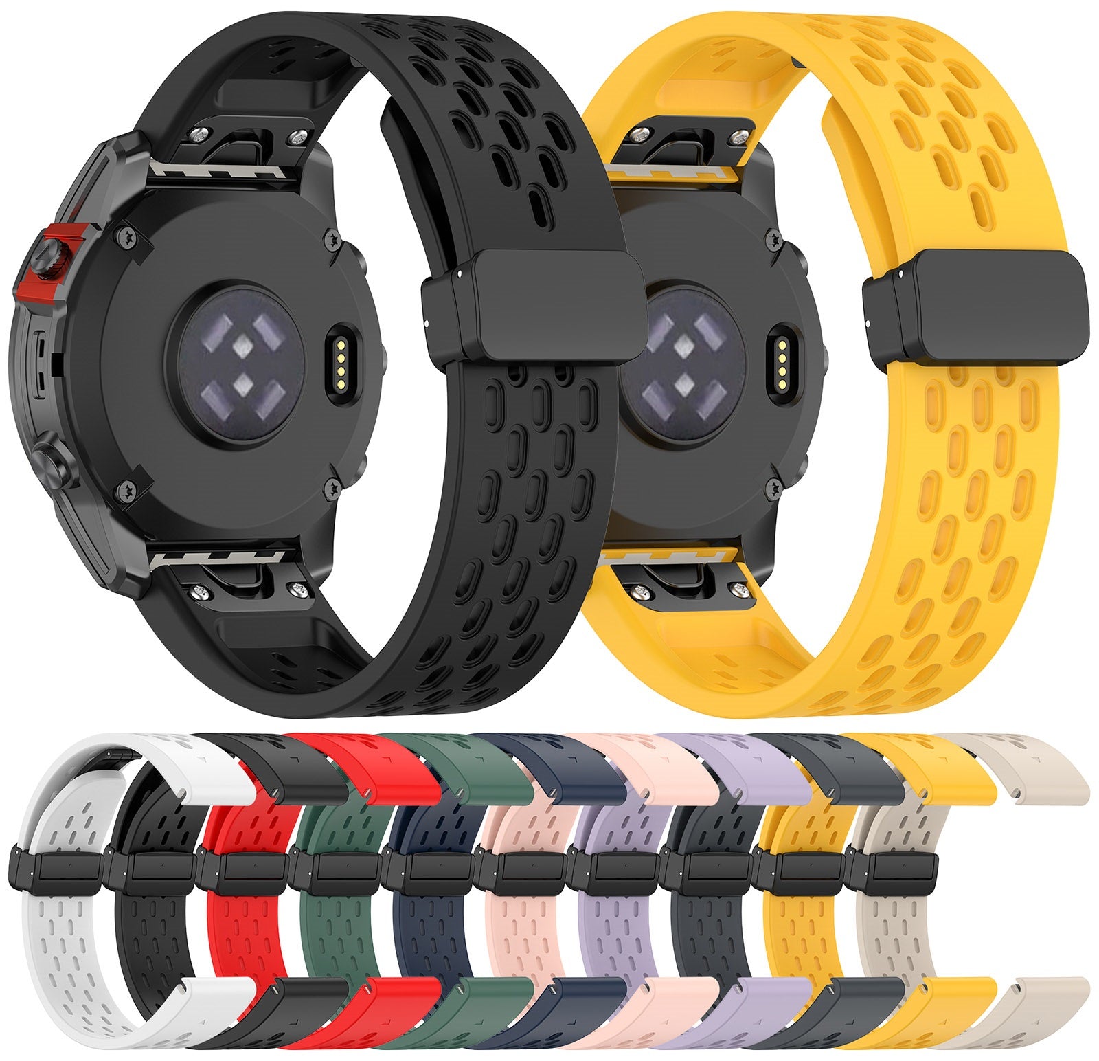 QuickFit Aero silicone smartwatch bands with magnetic clasp in multiple colors including black, yellow, red, green, navy, blush, and lavender