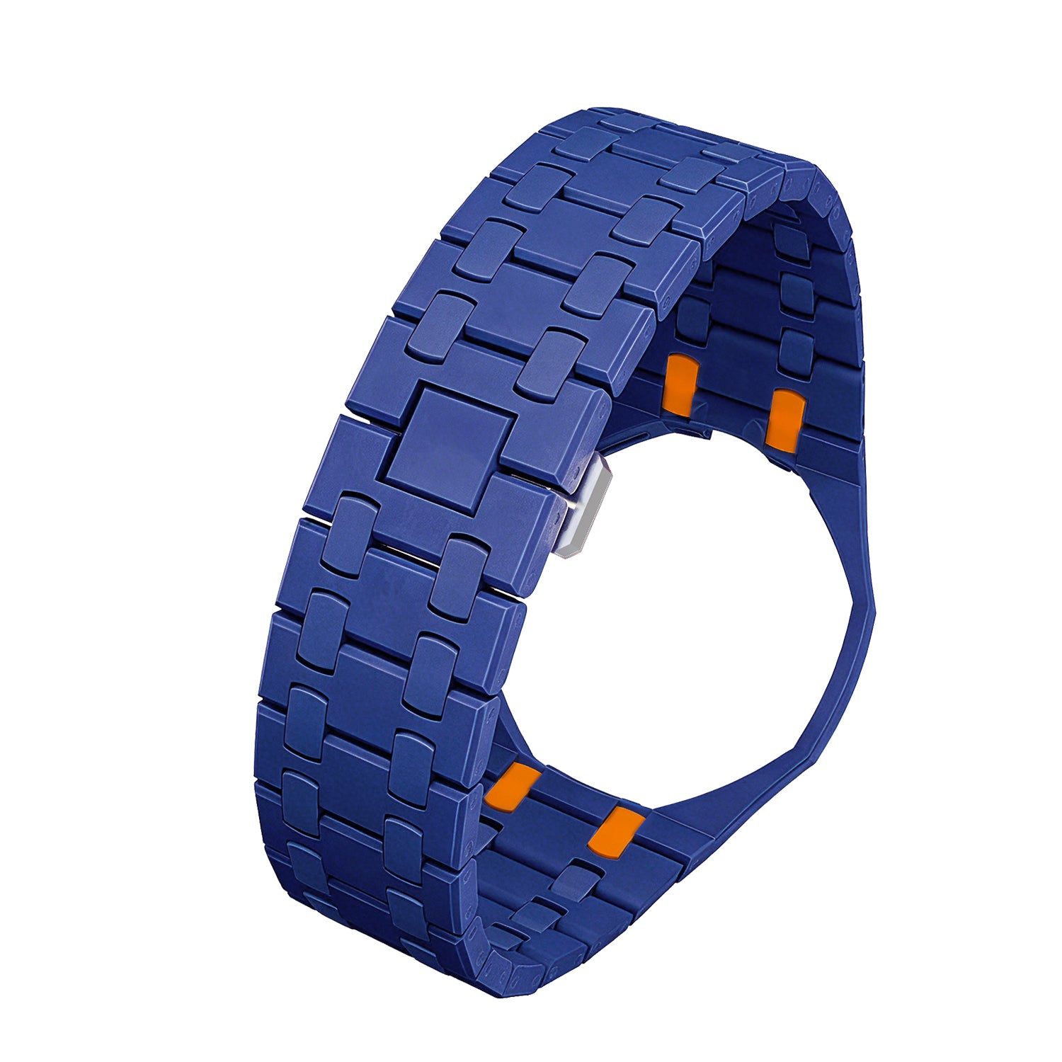 Blue and orange bioceramic watch strap with interlocking block links and secure clasp mechanism