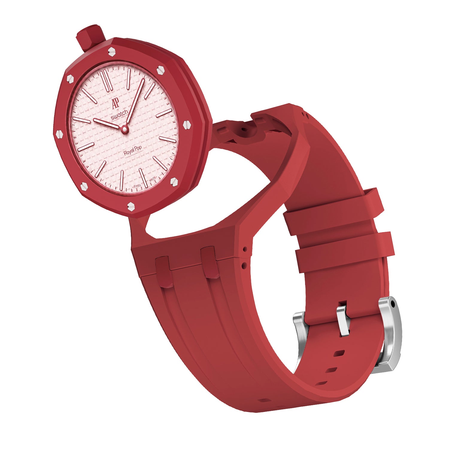 Red silicone strap Swatch Royal Pop bioceramic watch with white dial and silver accents