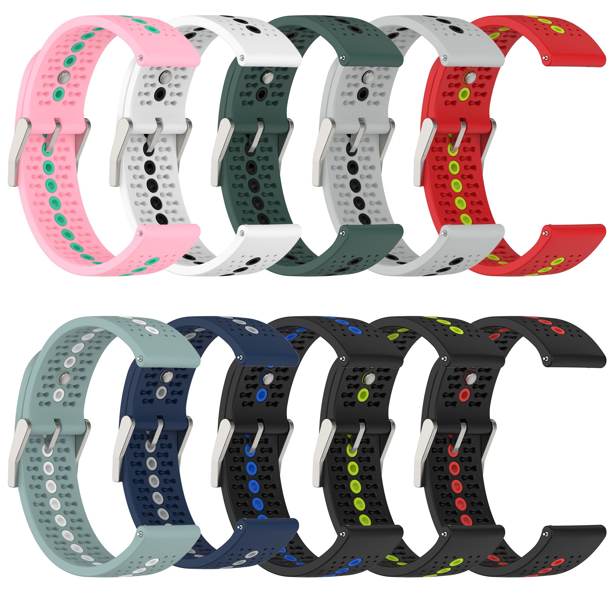Colorful silicone sport watch bands with quick release pins in pink, white, green, red, navy, black and teal colors