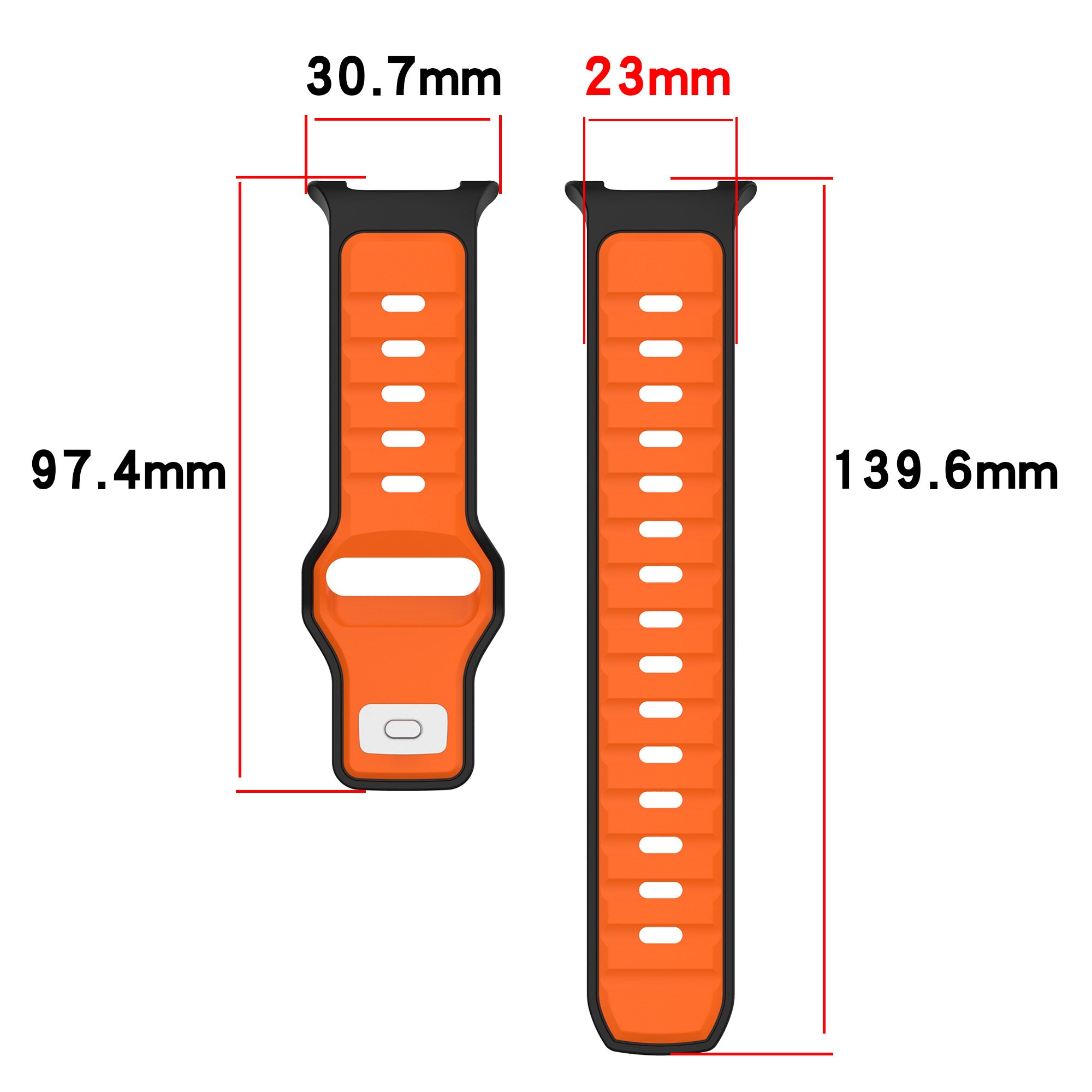 Orange and black two-tone silicone watch band with white ventilation holes and adjustable strap for Galaxy Watch 8