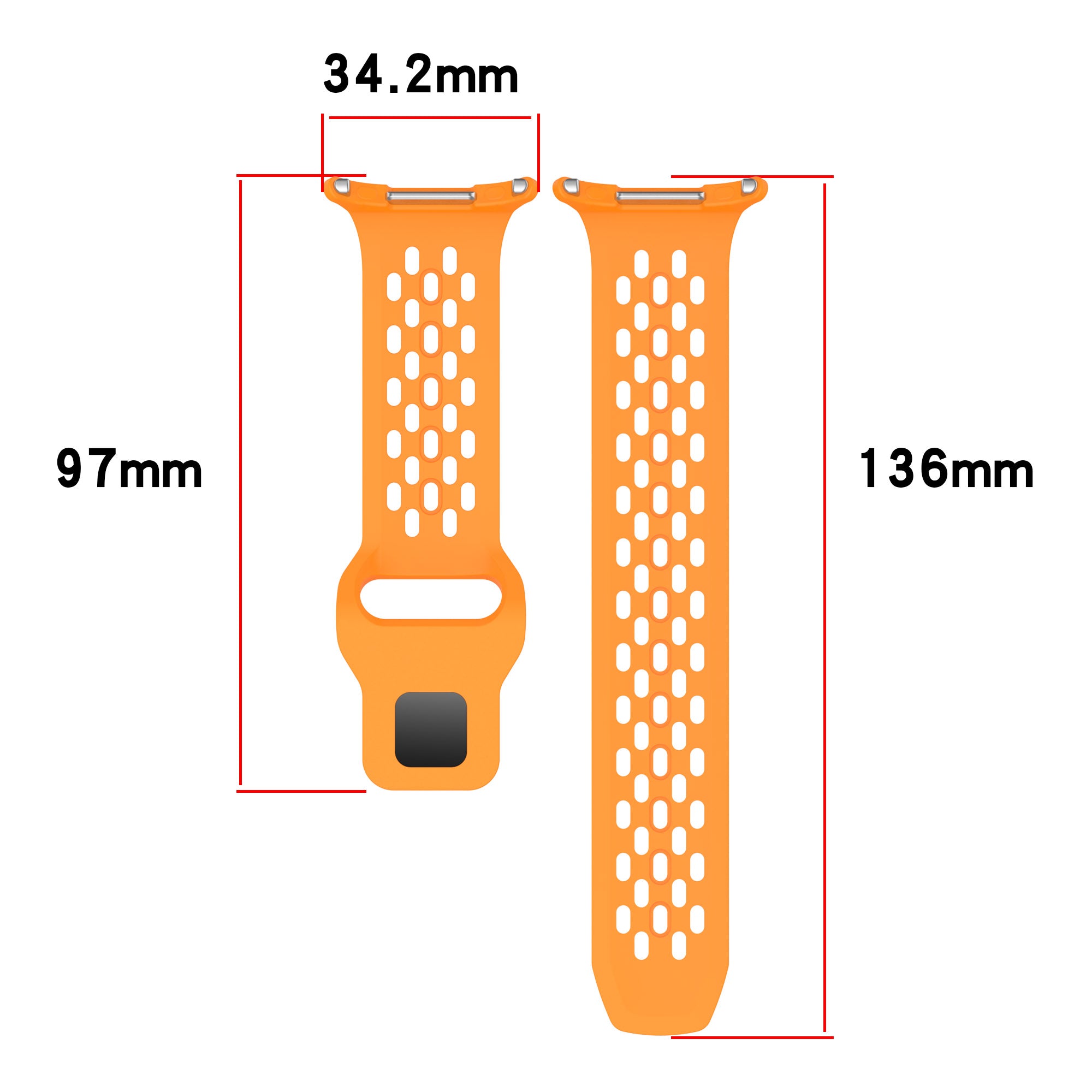 Orange silicone sport band for Galaxy Watch Ultra with perforated design and metal connectors, 34.2mm width