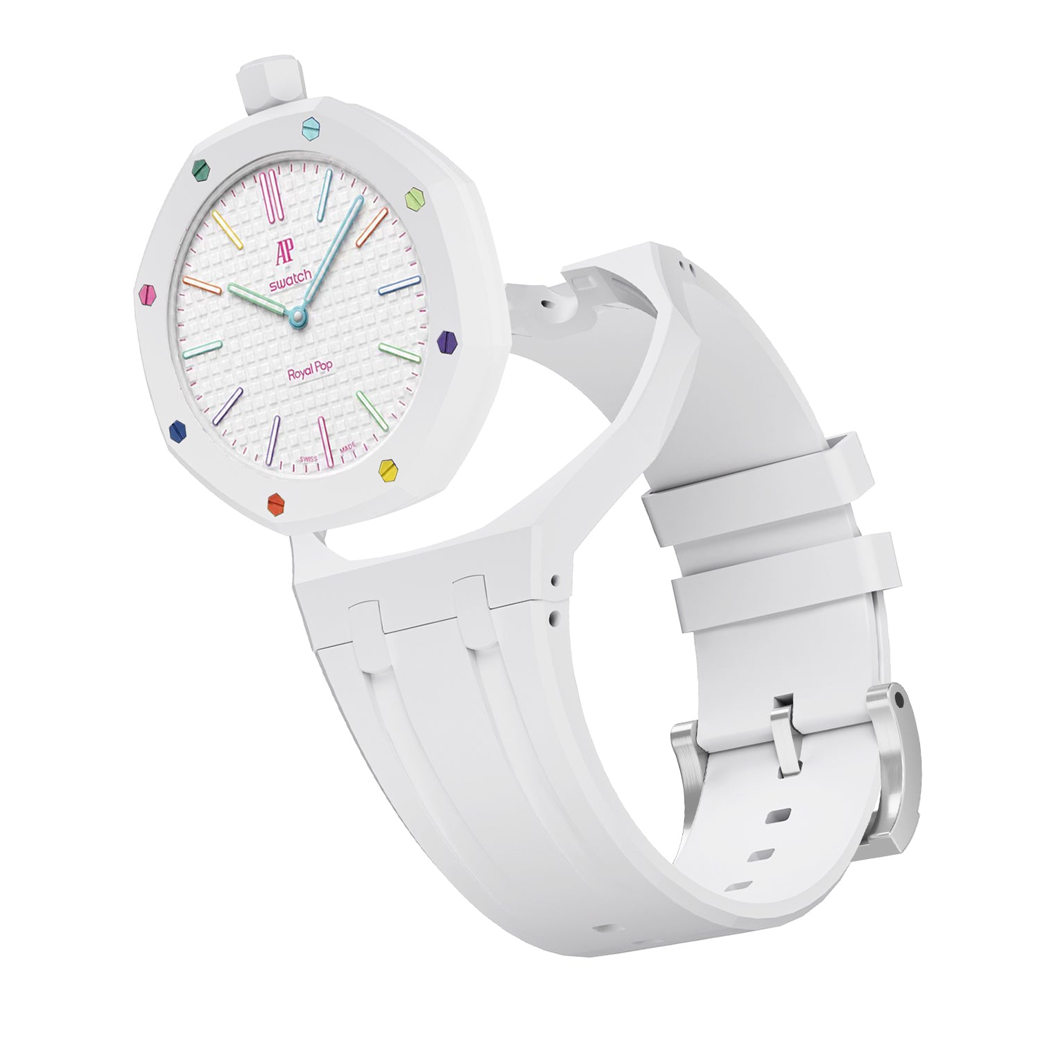 White Swatch Royal Pop bioceramic watch with colorful hour markers and silicone strap