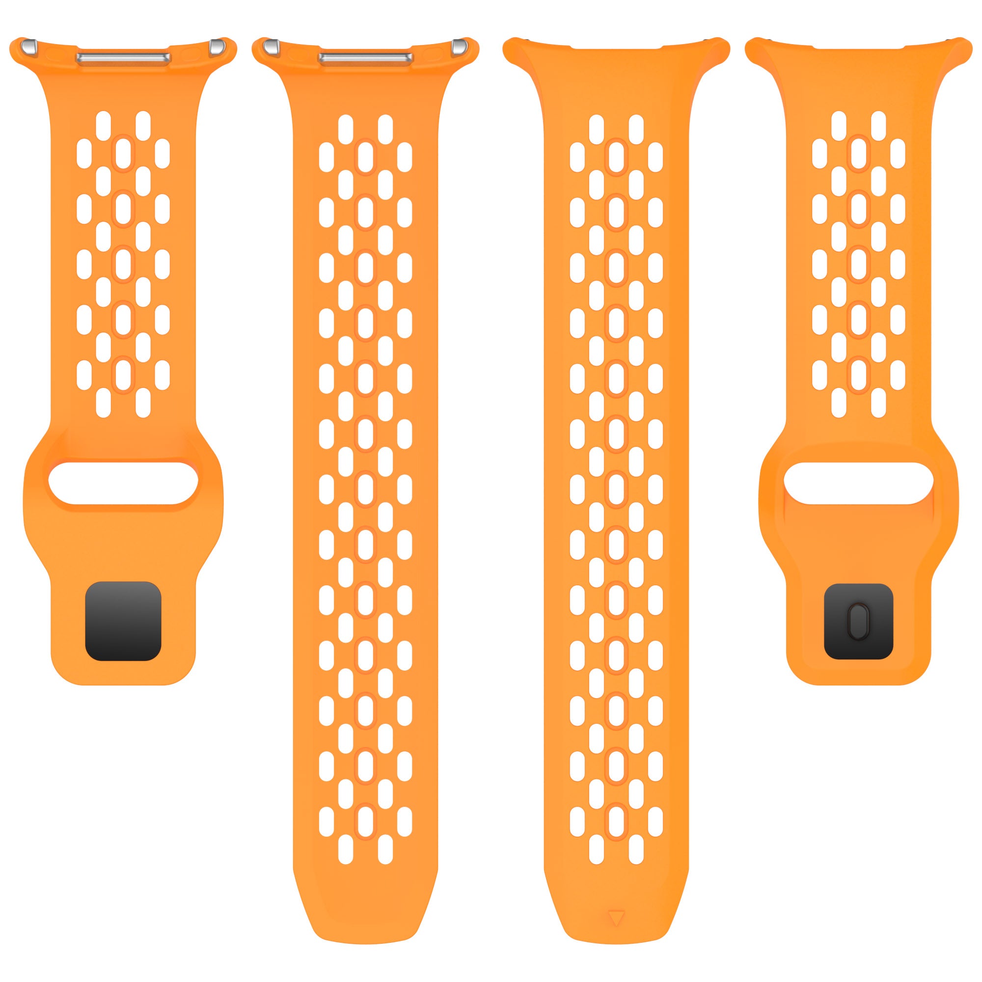 Orange silicone sport watch band with perforated design and metal connector lugs for Galaxy Watch Ultra