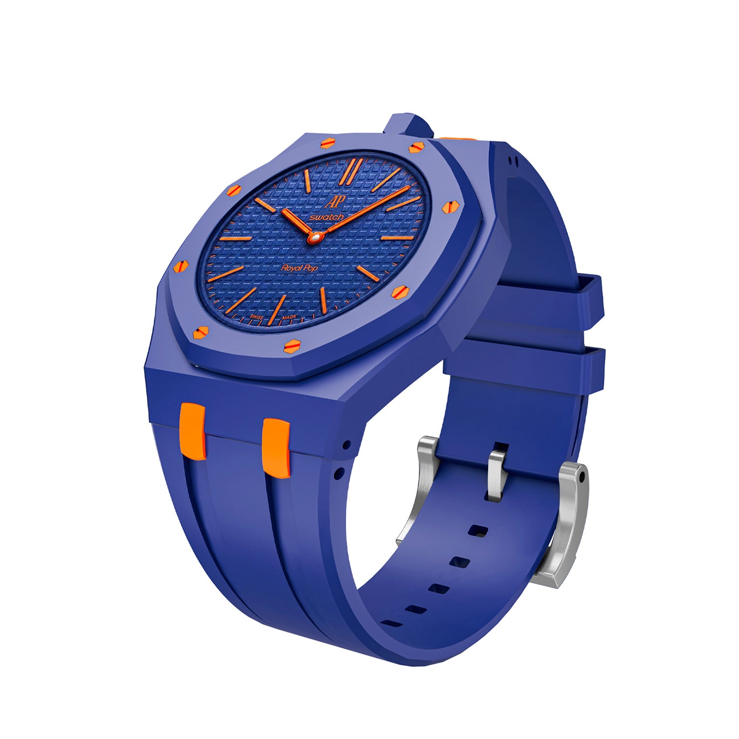 Blue and orange Swatch Royal Pop bioceramic watch with silicone strap and stainless steel buckle