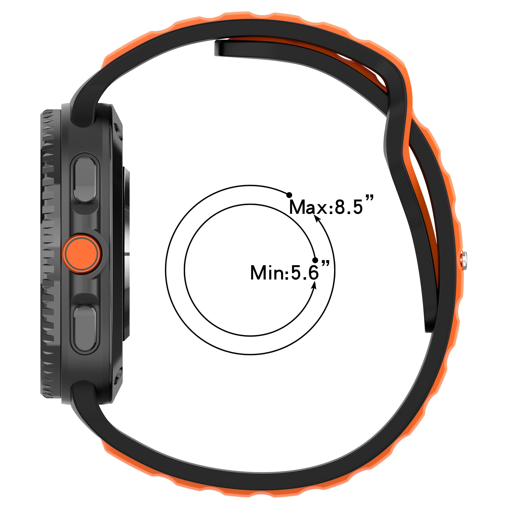 Two-tone orange and black silicone sport watch band with adjustable sizing from 5.6 to 8.5 inches