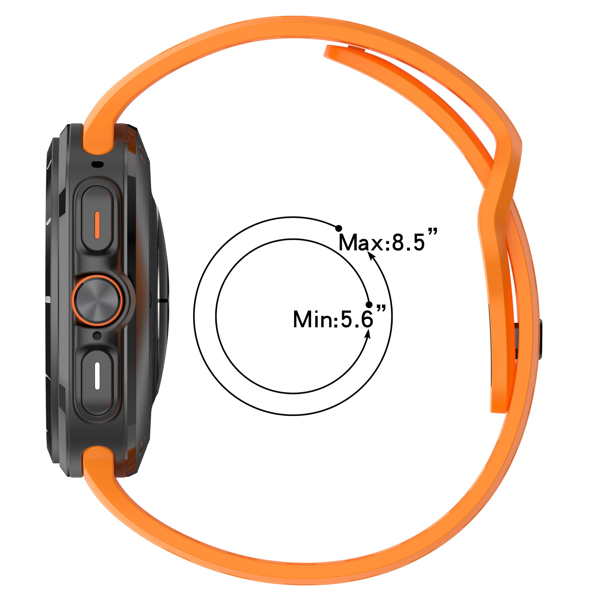 Orange silicone band with black sports smartwatch featuring adjustable strap for 5.6 to 8.5 inch wrists