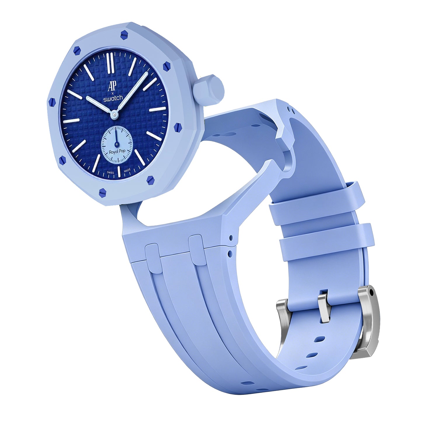 Light blue Swatch Royal Pop bioceramic watch with blue dial, white indices, and matching silicone strap with metal buckle