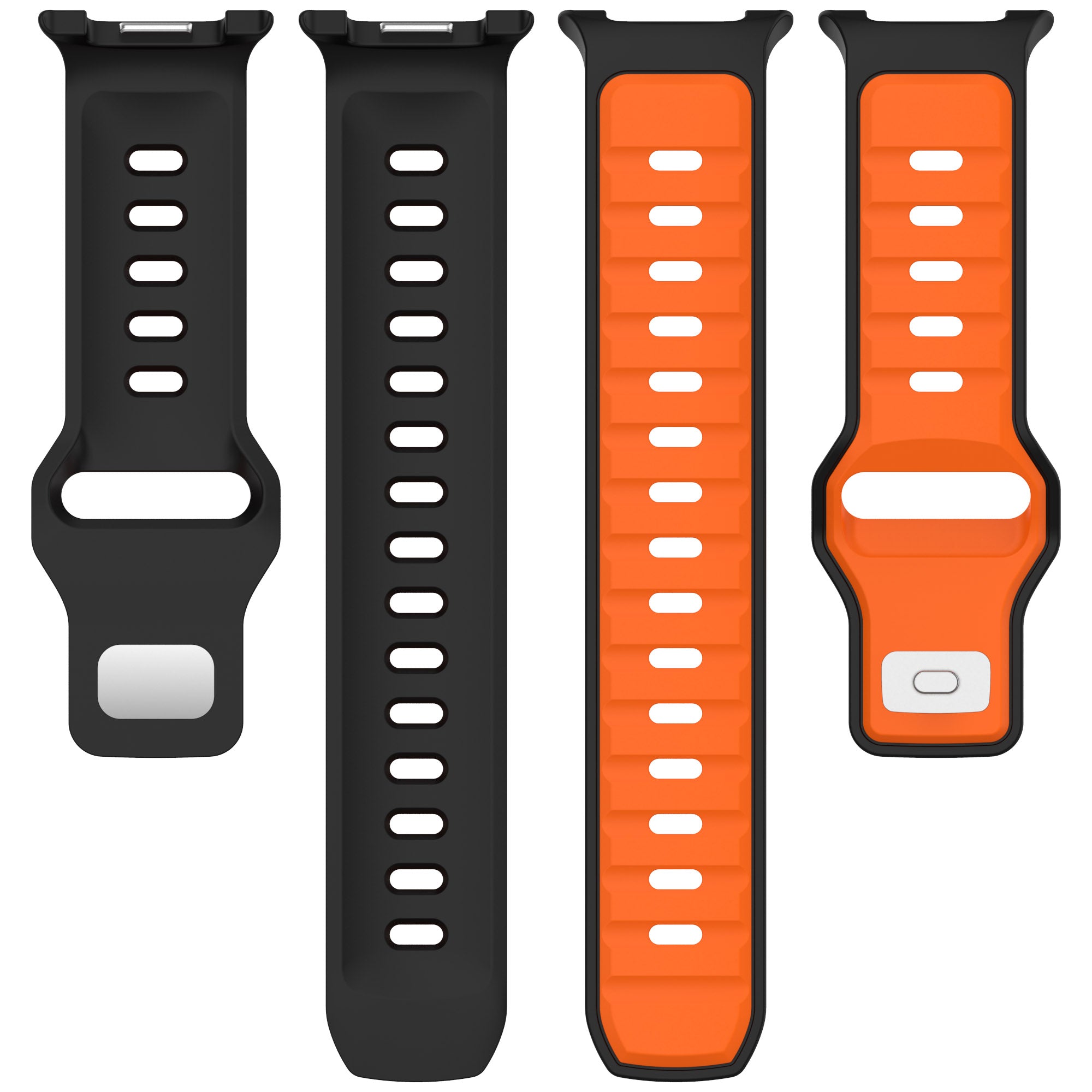 Two tone silicone watch bands for Galaxy Watch 8 in black and orange with ventilation holes and sport design