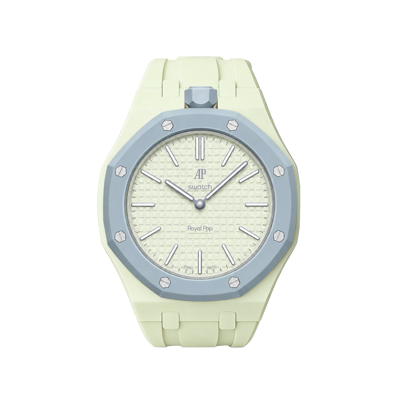Swatch Royal Pop Bioceramic watch with pastel yellow silicone strap, gray bezel, cream dial and silver indices