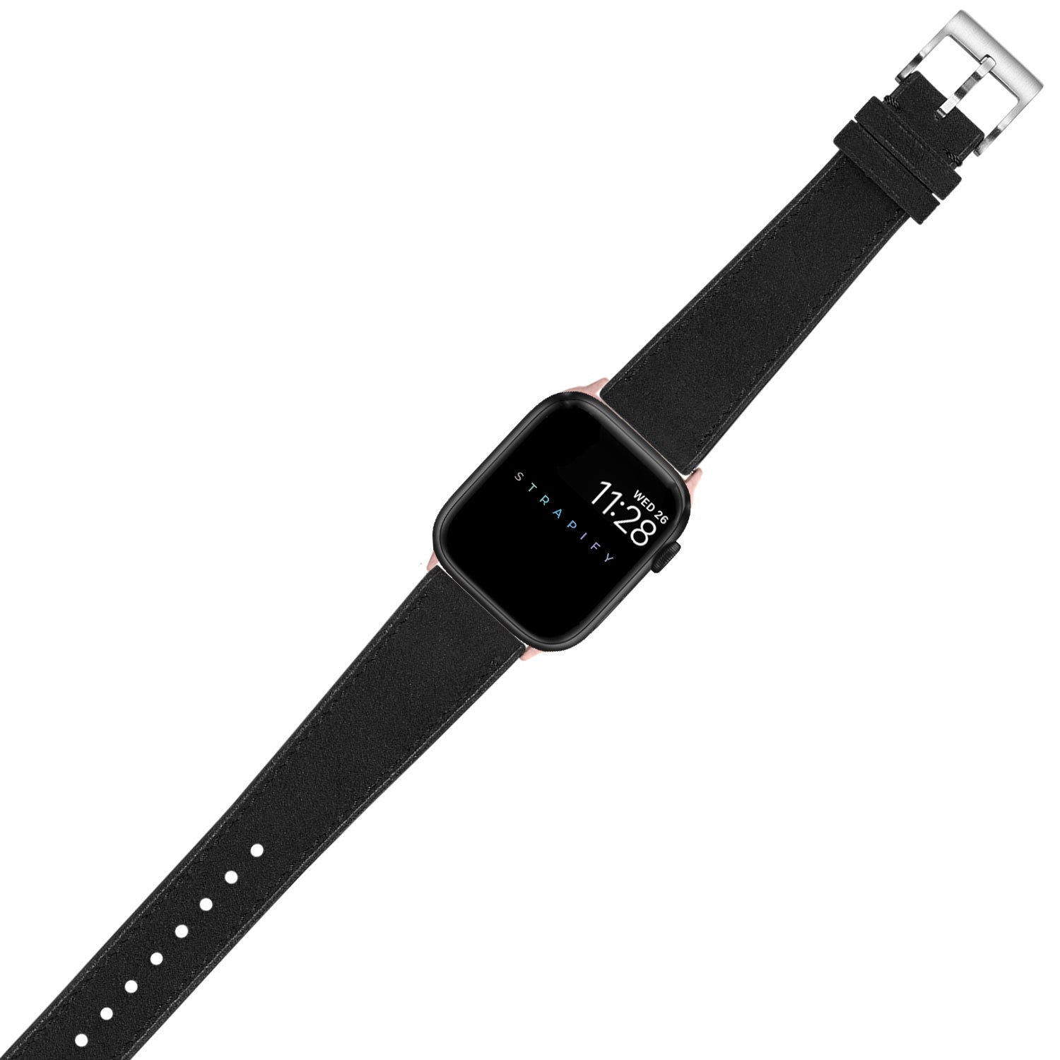 Black Alcantara leather band smartwatch with square display showing time and date, silver buckle closure