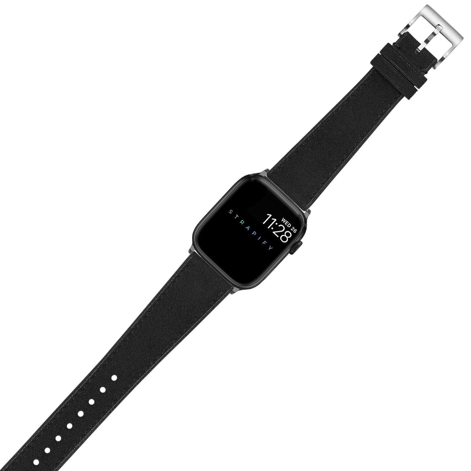 Black Alcantara leather Apple Watch band with silver buckle and adjustable strap
