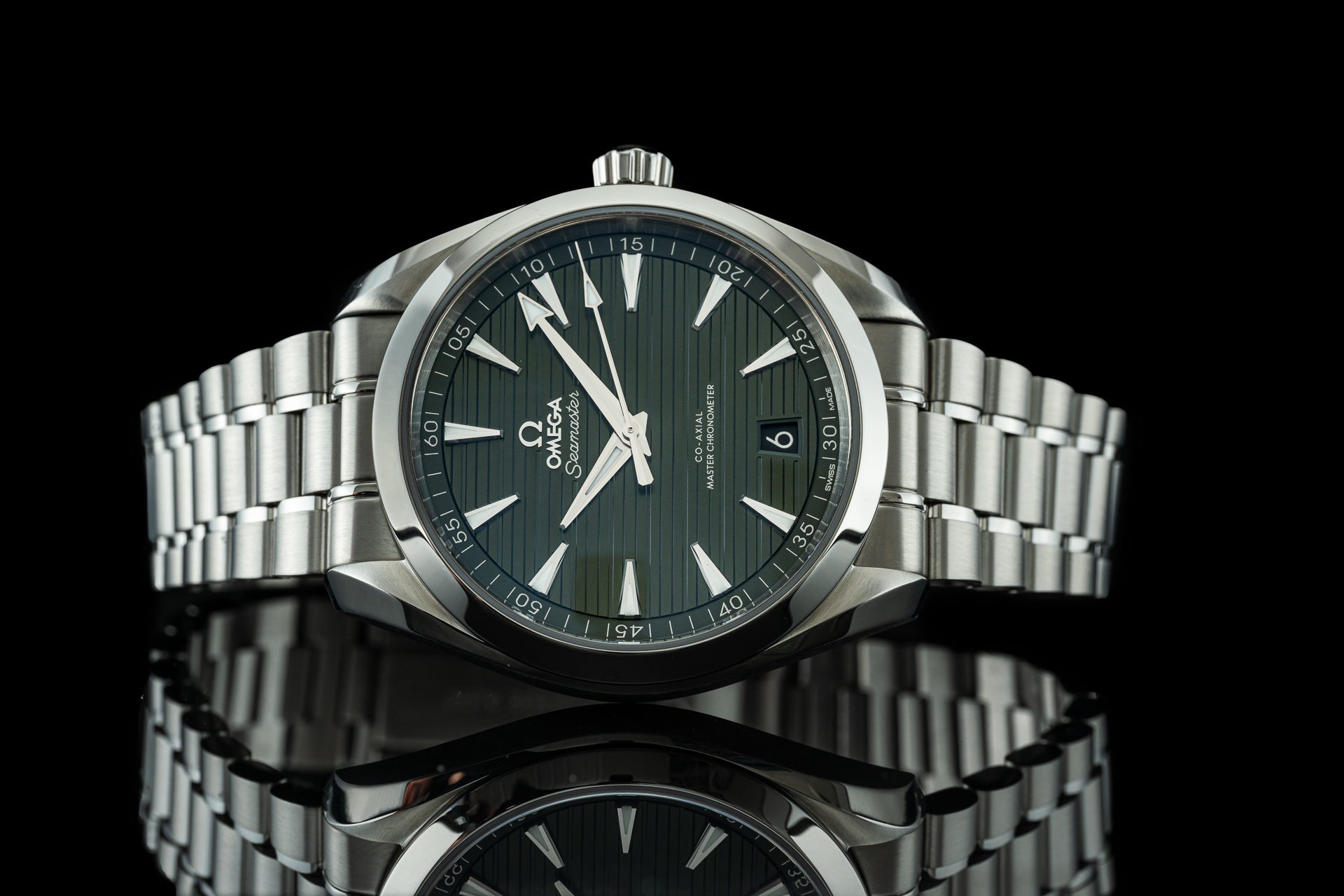 Omega Seamaster Aqua Terra 41mm stainless steel watch with black dial, white baton hands, date window, and matching bracelet