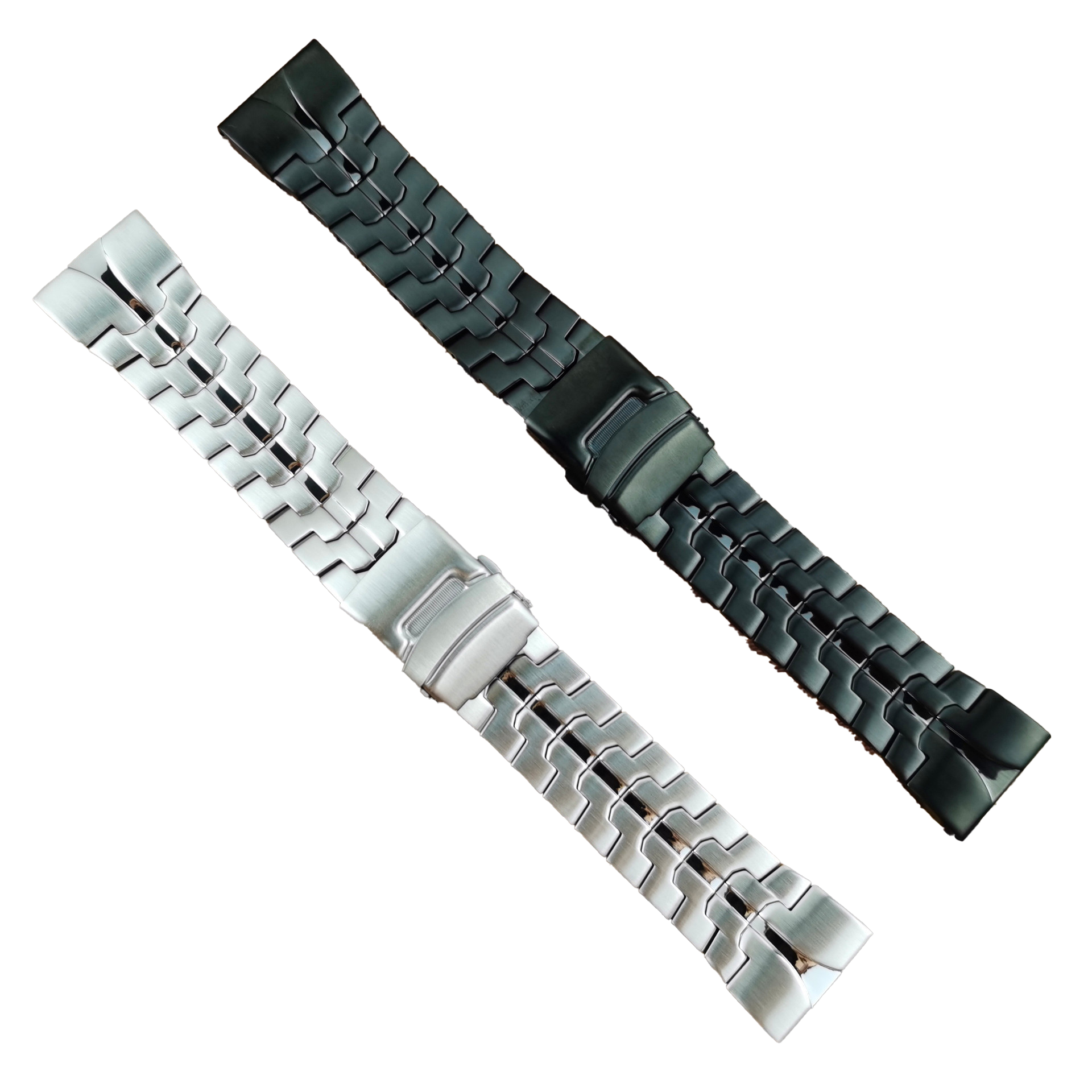 Silver and black modular watch straps with QuickFit bracelet links, featuring interchangeable metal band segments for custom watch styling
