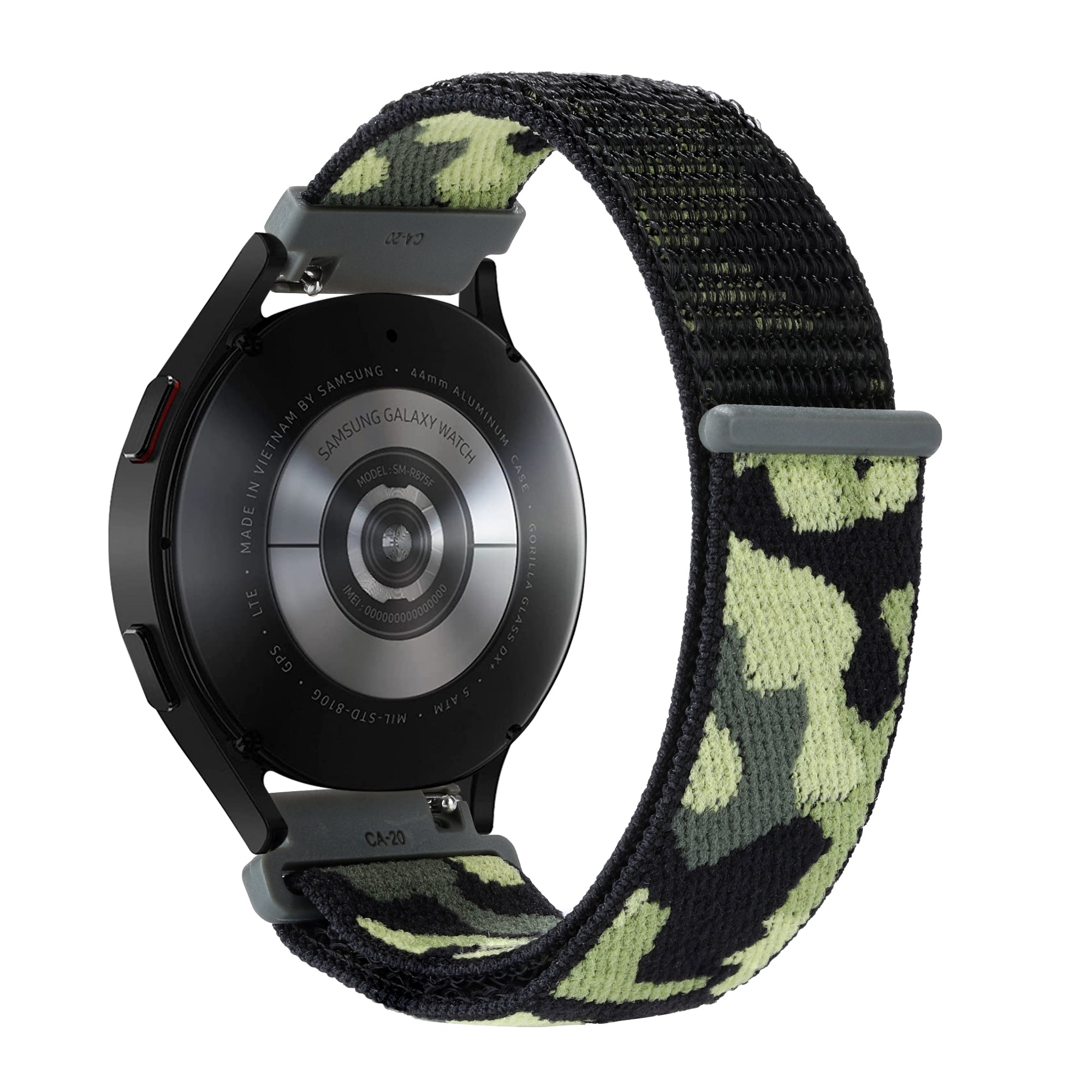 Black and olive camouflage sports loop watch band with quick release velcro closure for Samsung Galaxy Watch 44mm