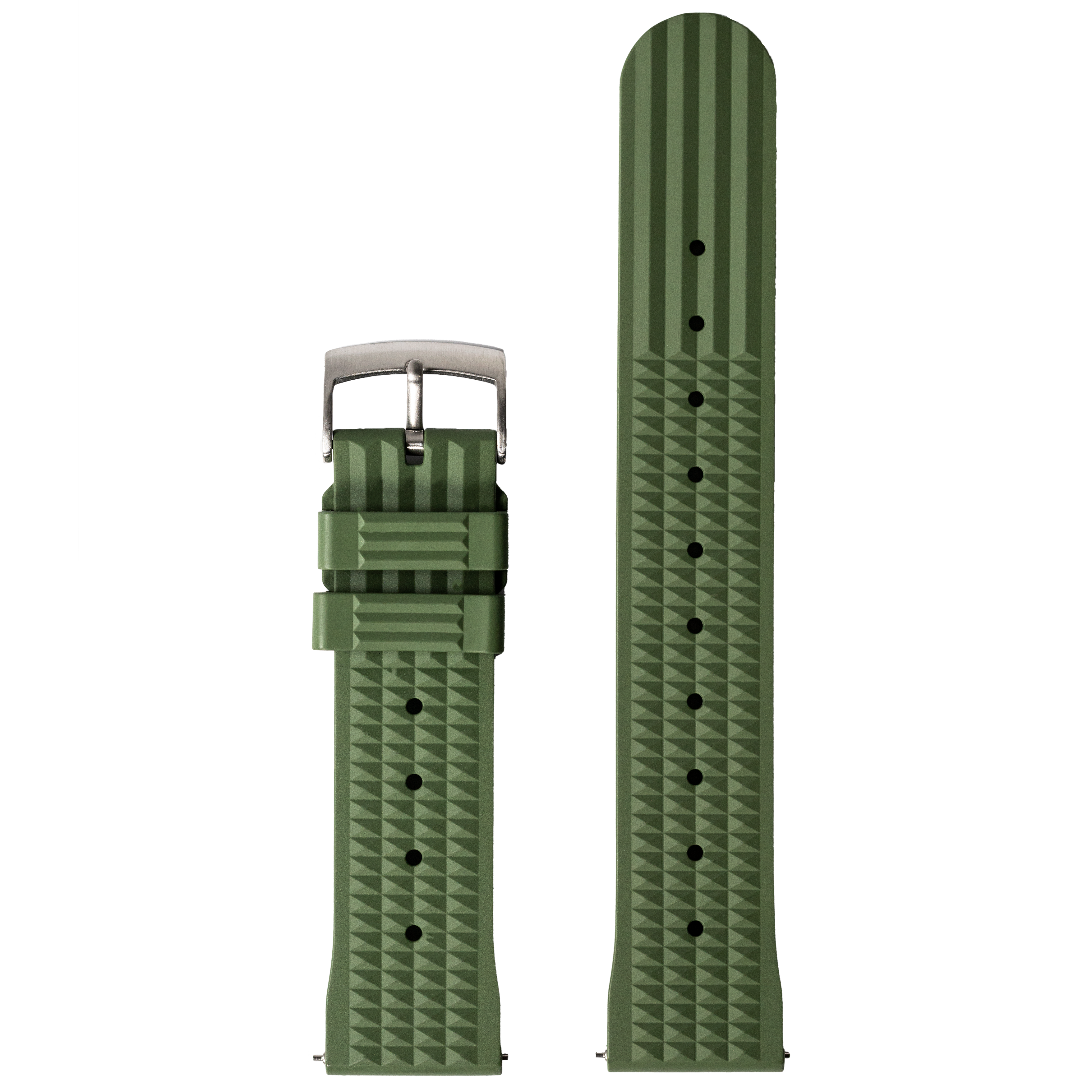 Army green waffle pattern FKM rubber watch band with quick release spring bar and stainless steel buckle