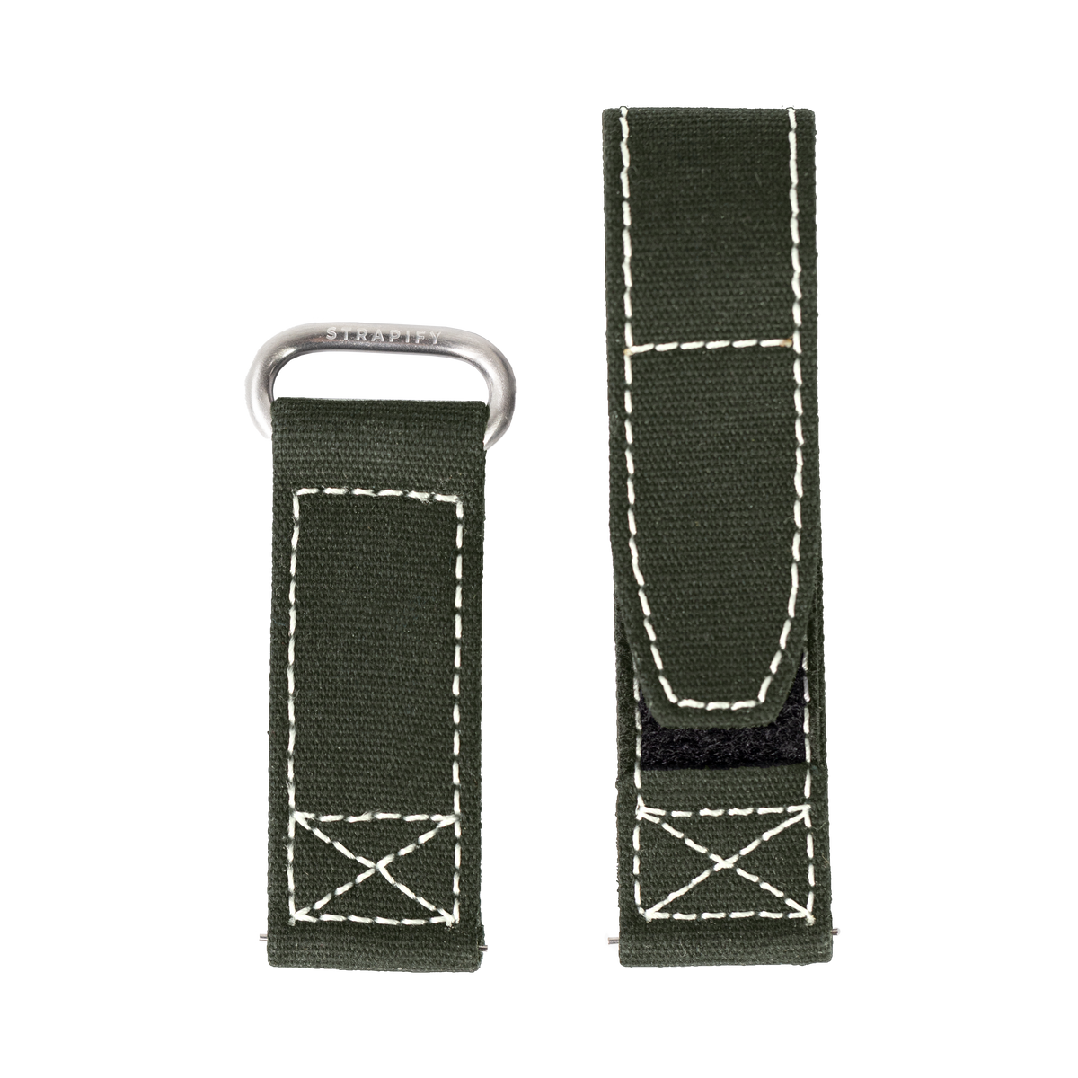 Military green canvas Apple Watch band with white stitching detail and silver D-ring hardware