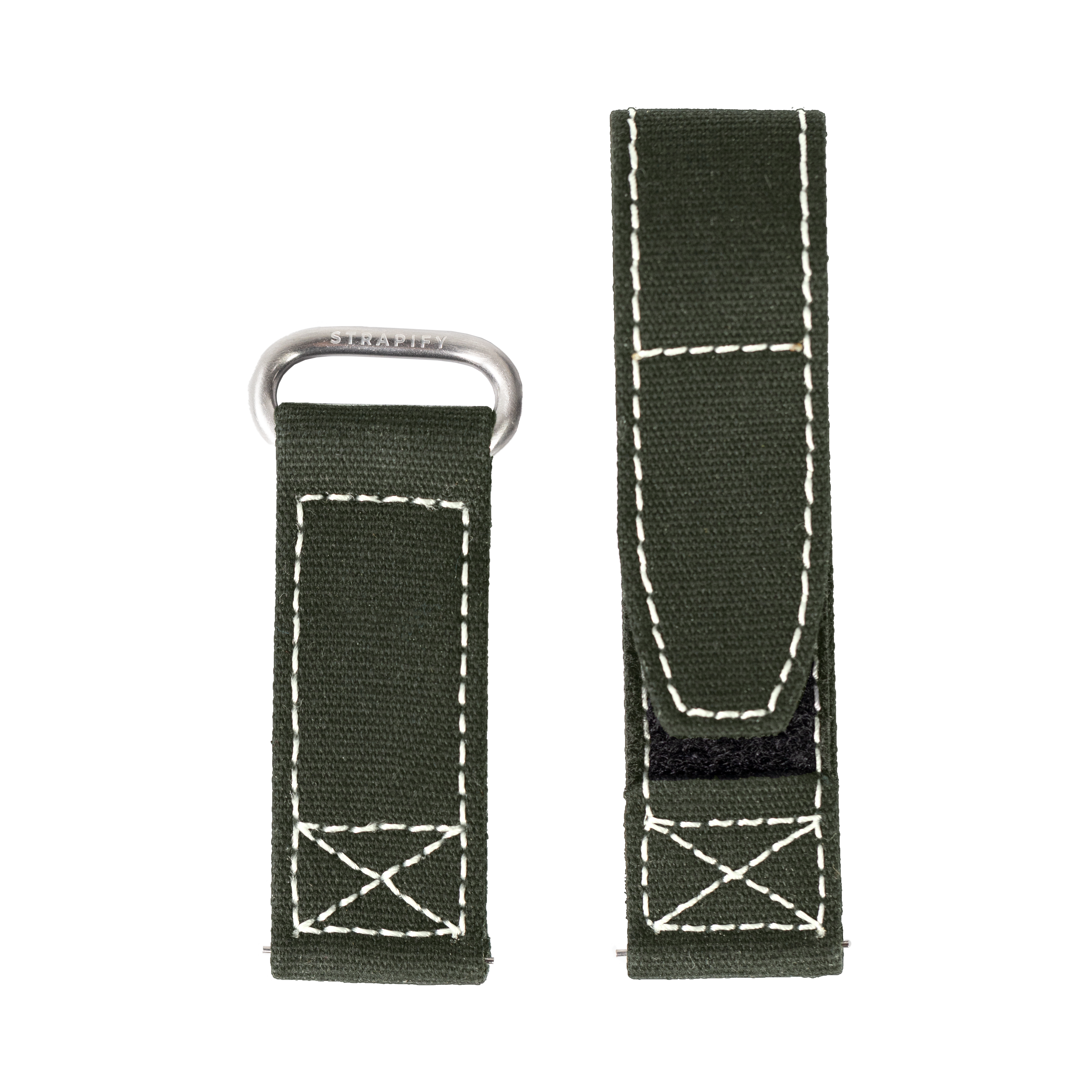 Military green canvas watch strap with white stitching, quick-fit velcro closure and metal buckle, 22mm