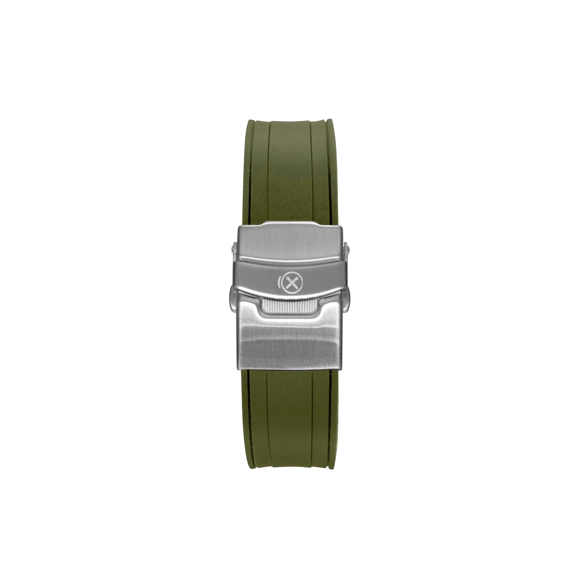 Olive green rubber curved-end watch strap with brushed silver military-style buckle for Seiko SKX series timepieces