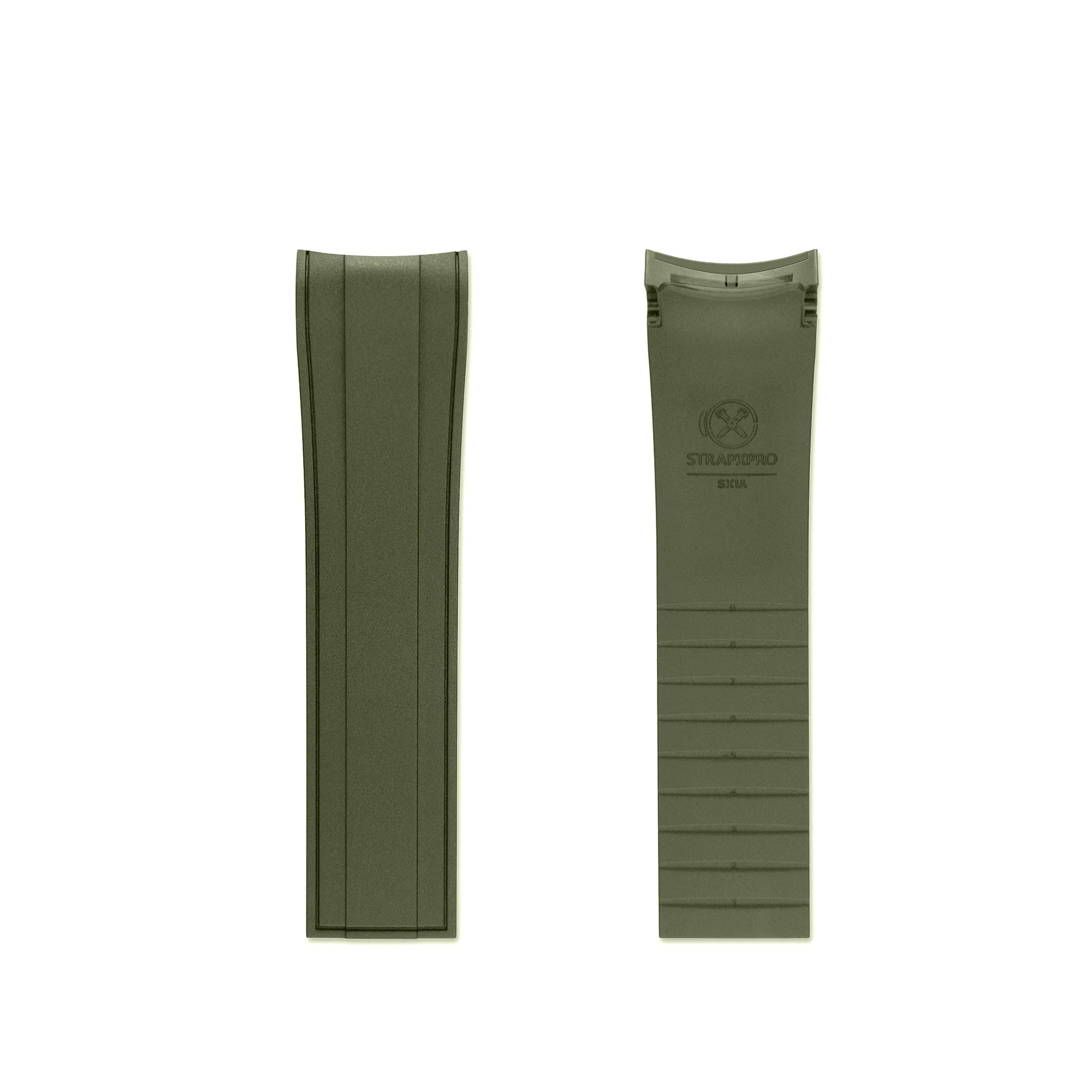Olive green curved-end rubber strap for Seiko SKX watches, shown front and back views with textured grip pattern and brand embossing